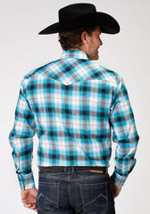 Roper Mens Long Sleeve Snap Stretch Poplin Turquoise Plaid Western Shirt Tall Fit - Roper