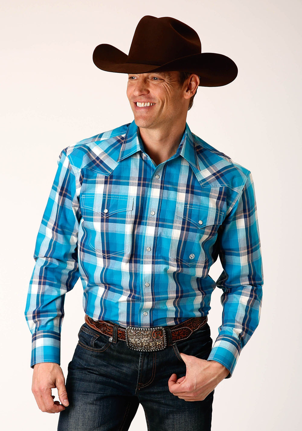 Roper Mens Long Sleeve Snap Blue Moon Plaid Western Shirt Tall Fit - Roper