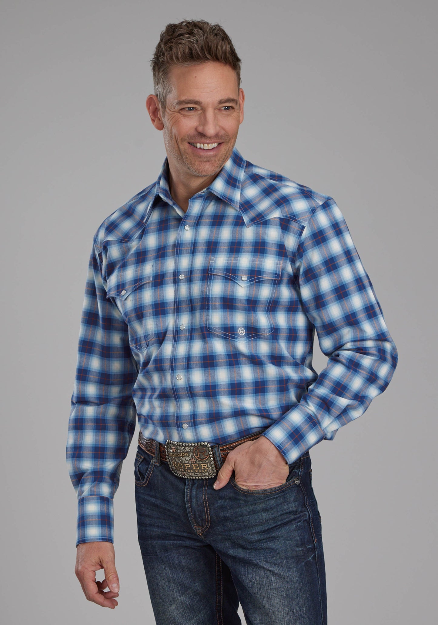 Roper Mens Stretch Plaid - Blue Long Sleeve Snap Western Shirt