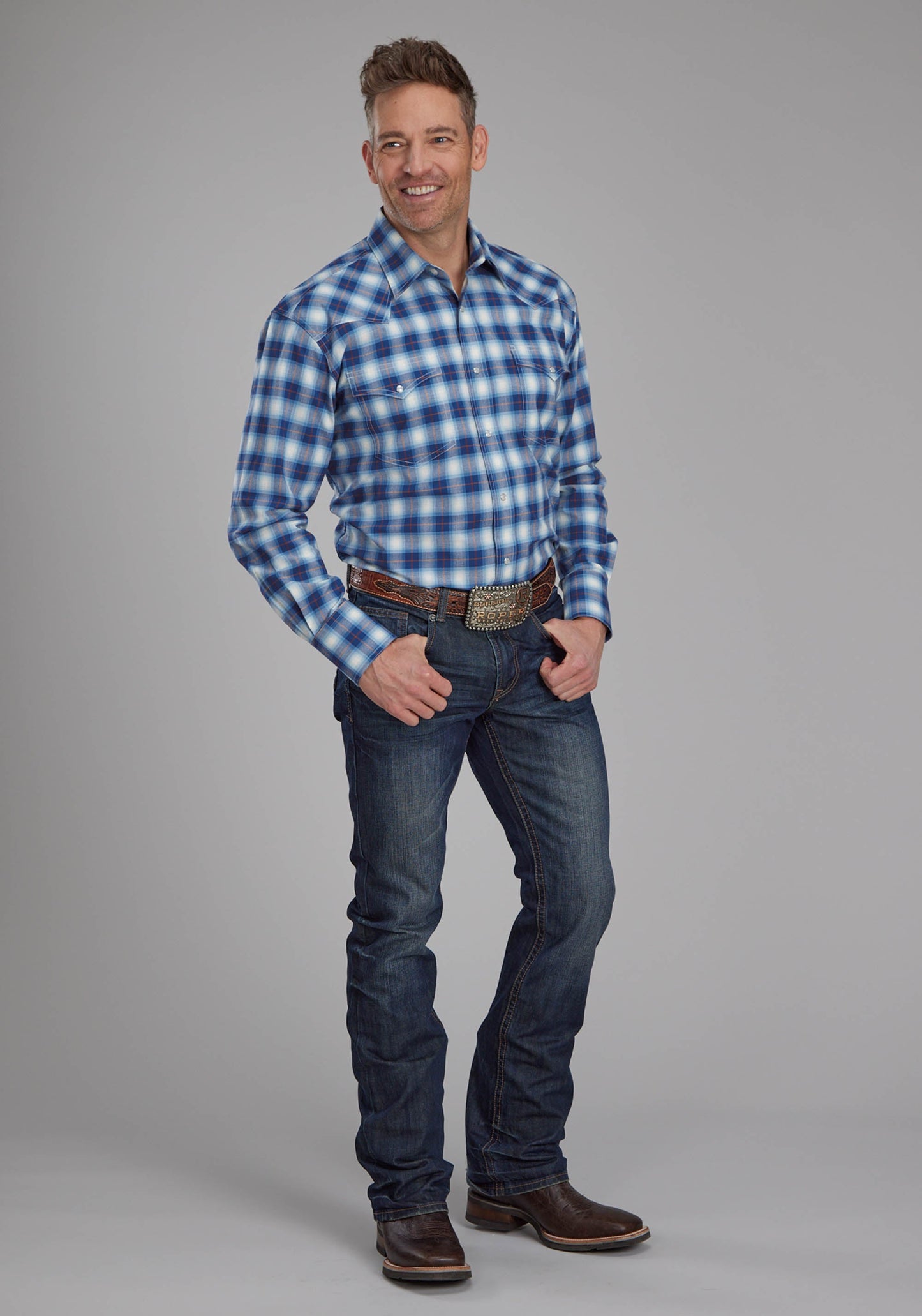 Roper Mens Stretch Plaid - Blue Long Sleeve Snap Western Shirt