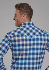 Roper Mens Stretch Plaid - Blue Long Sleeve Snap Western Shirt