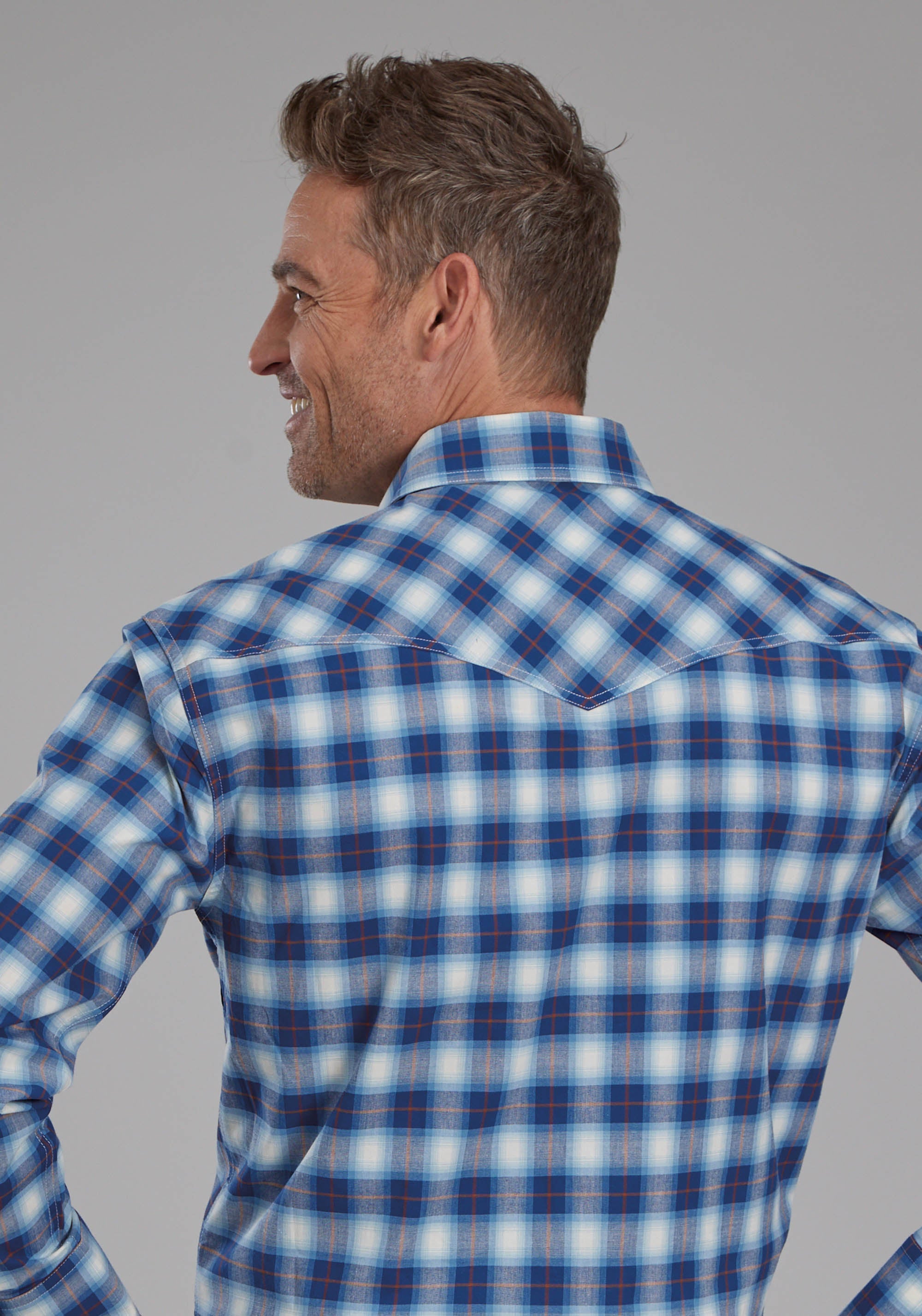 Roper Mens Stretch Plaid - Blue Long Sleeve Snap Western Shirt
