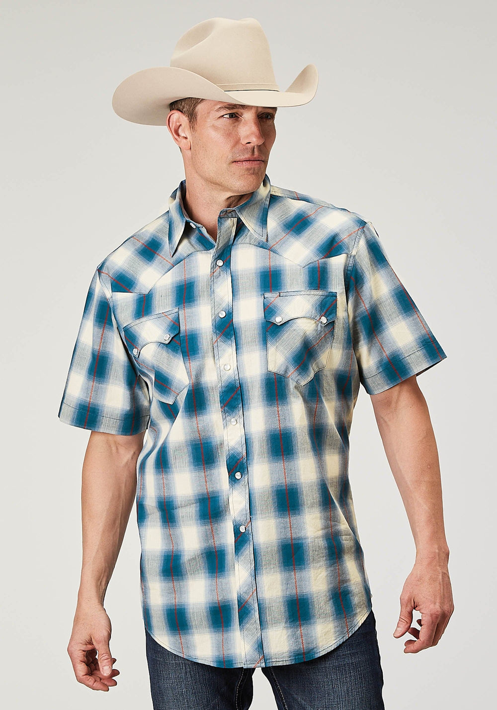 Roper Mens Short Sleeve Snap Arrow Dobby Plaid Western Shirt - Roper