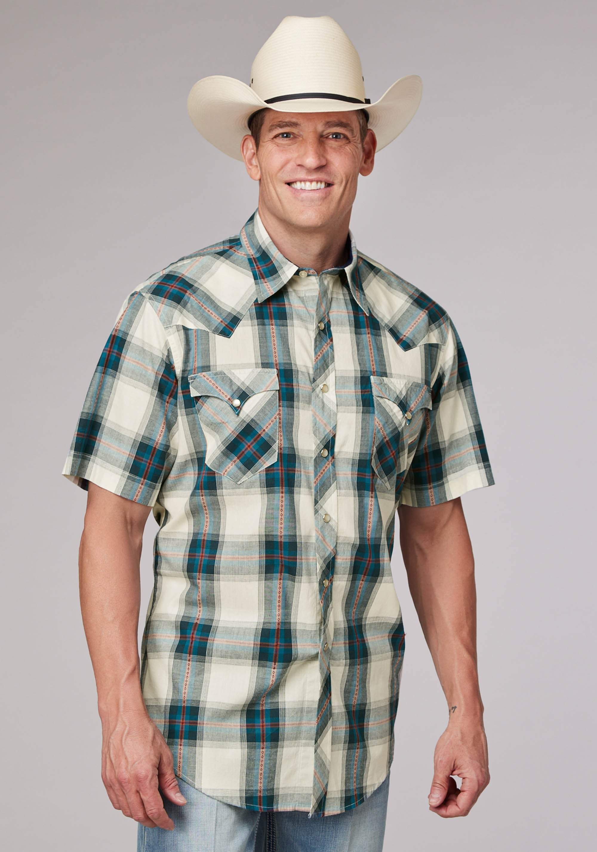 Roper Mens Tile Plaid Short Sleeve Snap Western Shirt - Roper - Flyclothing LLC