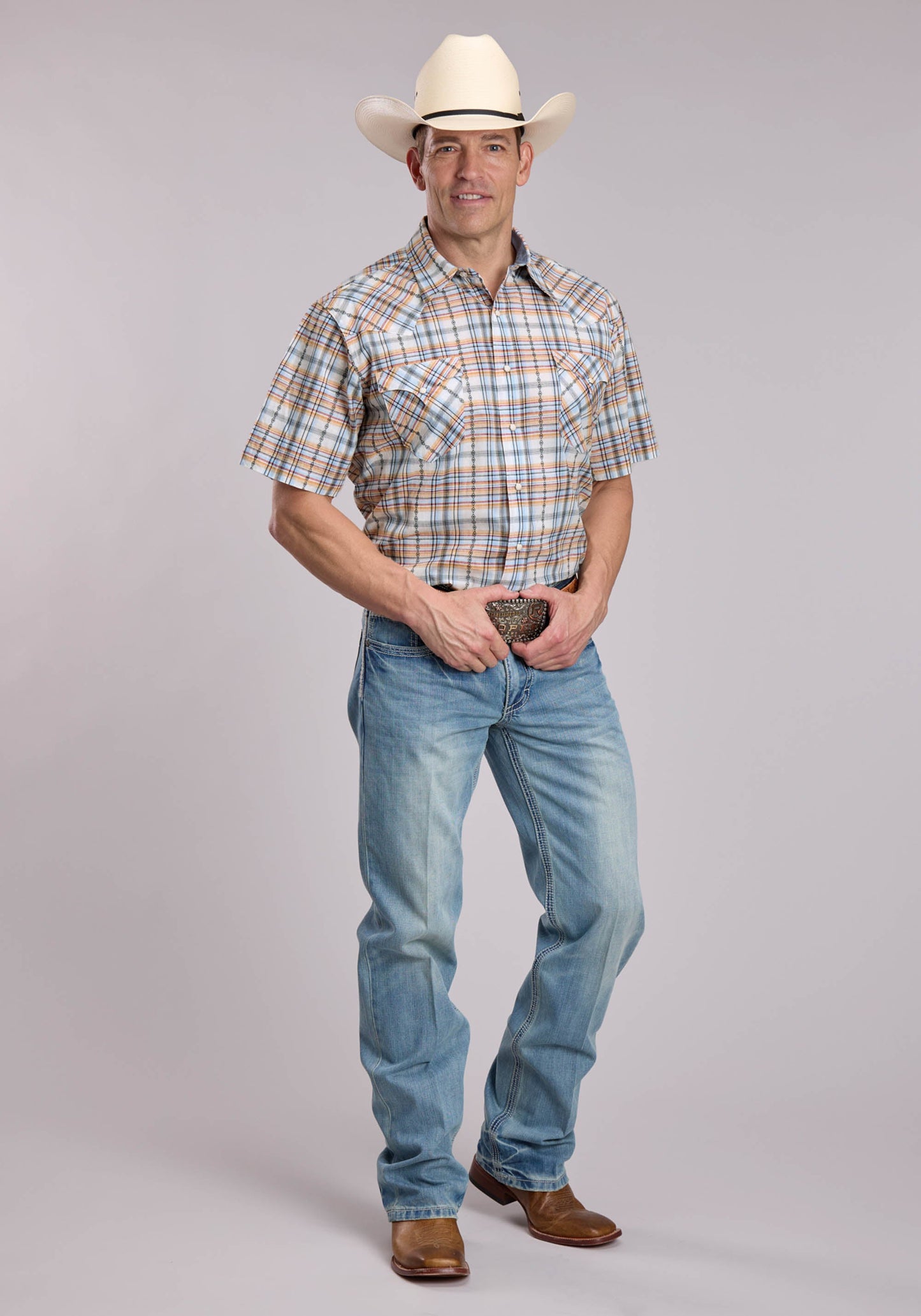 Mens Roper Serape Plaid Short Sleeve Snap Shirt
