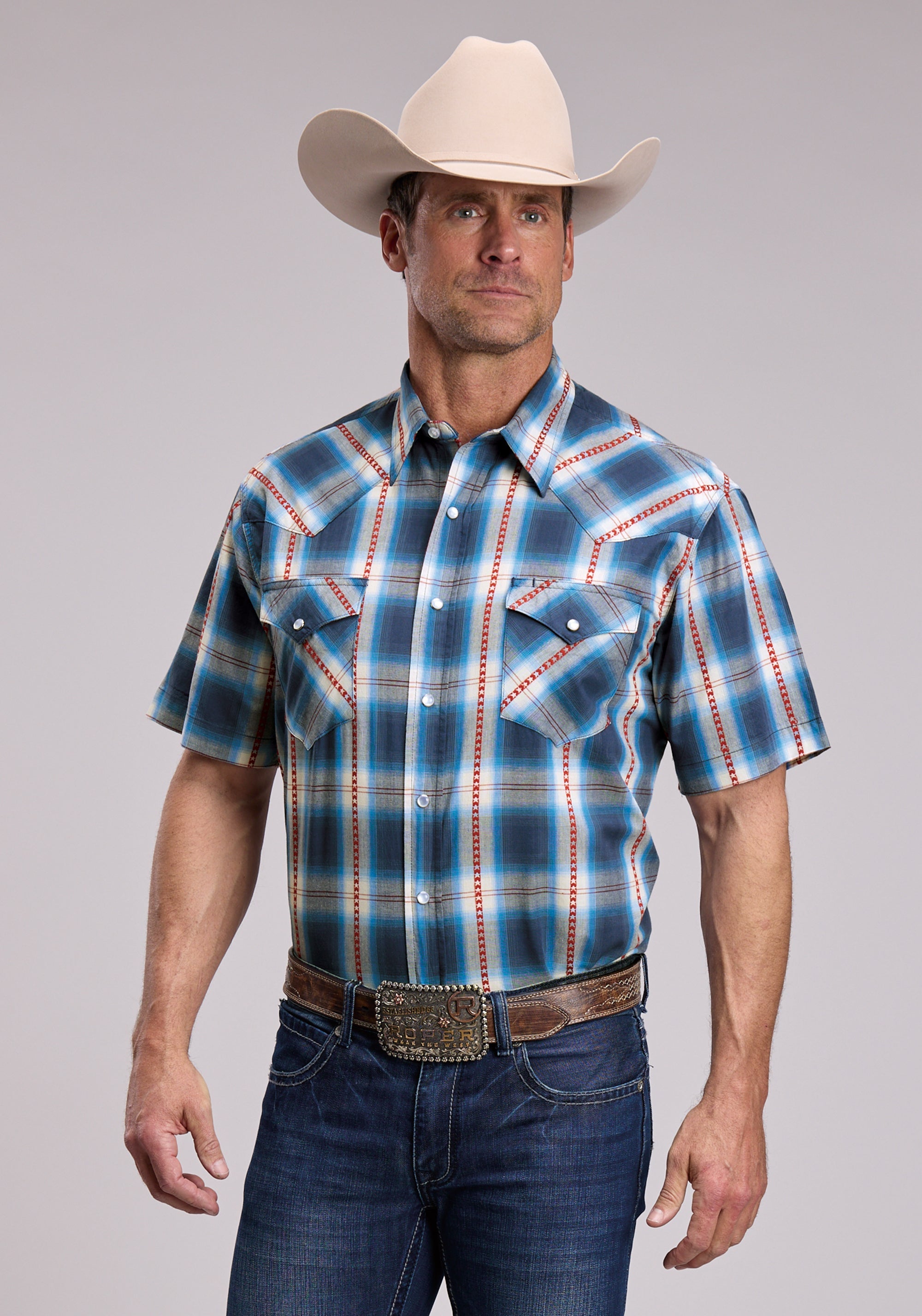 Mens Roper Star Dobby Plaid Short Sleeve Snap Shirt