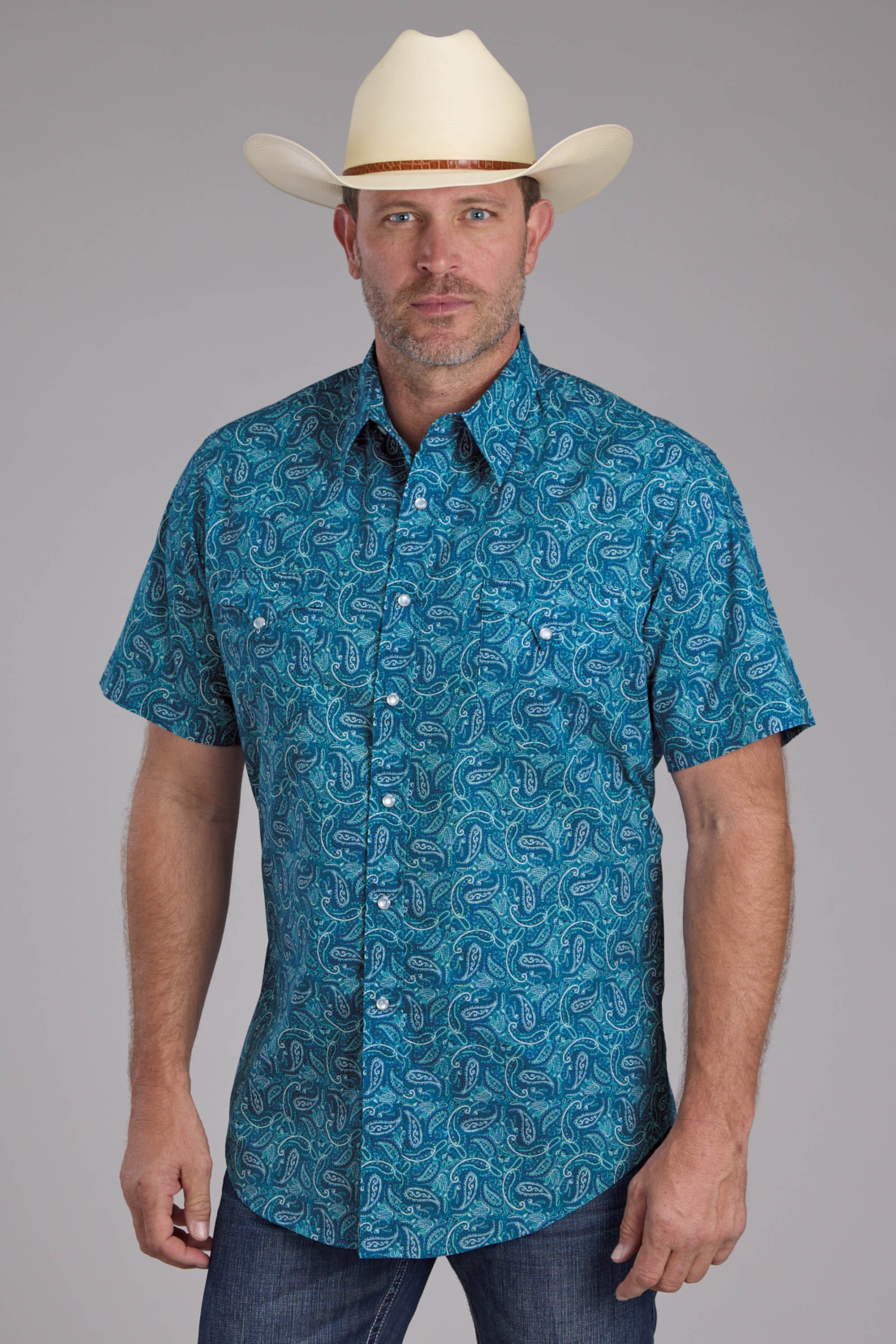 Roper Mens Denim Paisley Print Short Sleeve Snap Western Shirt