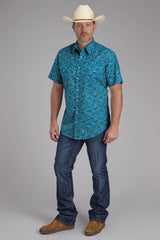 Roper Mens Denim Paisley Print Short Sleeve Snap Western Shirt