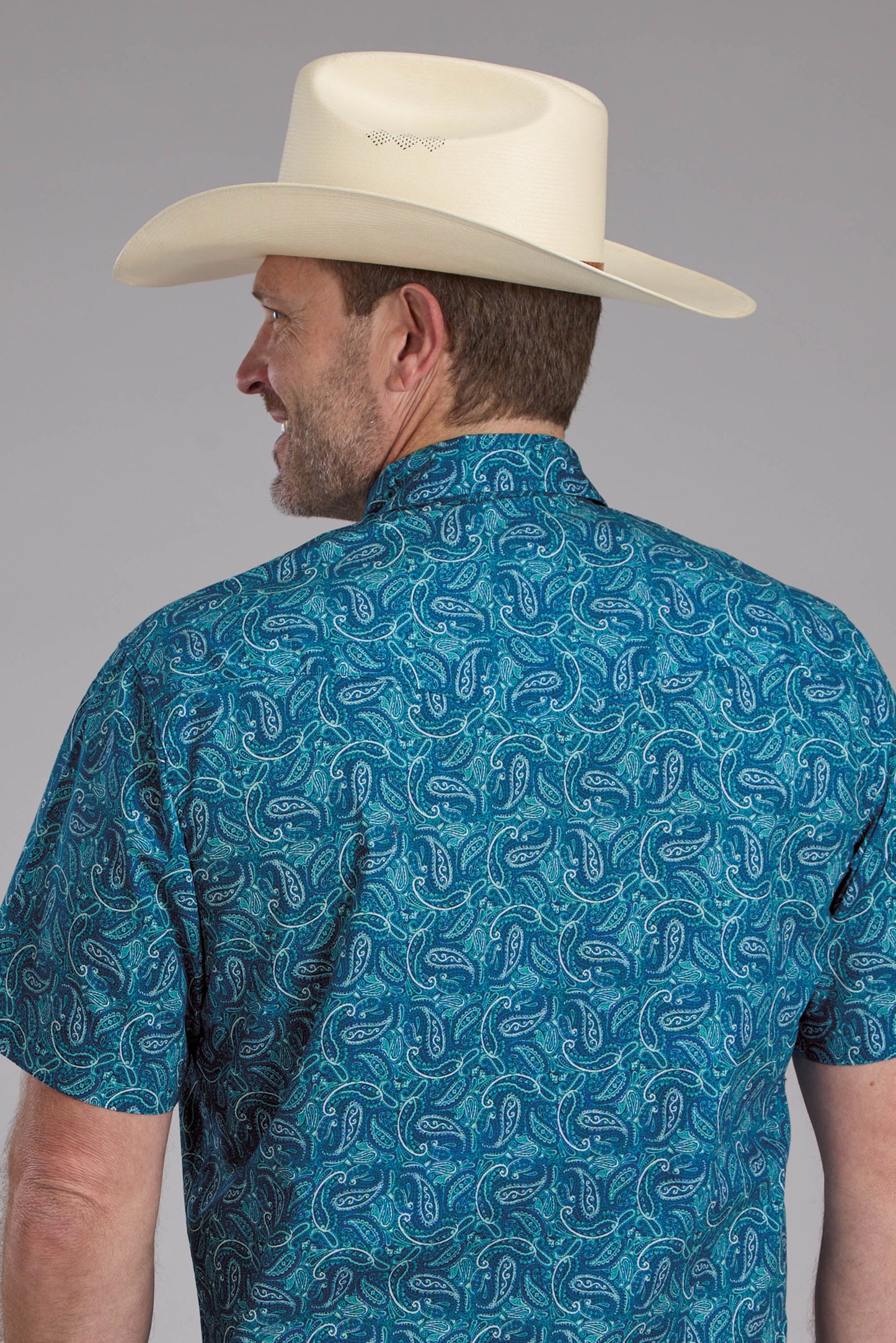 Roper Mens Denim Paisley Print Short Sleeve Snap Western Shirt