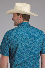 Roper Mens Denim Paisley Print Short Sleeve Snap Western Shirt