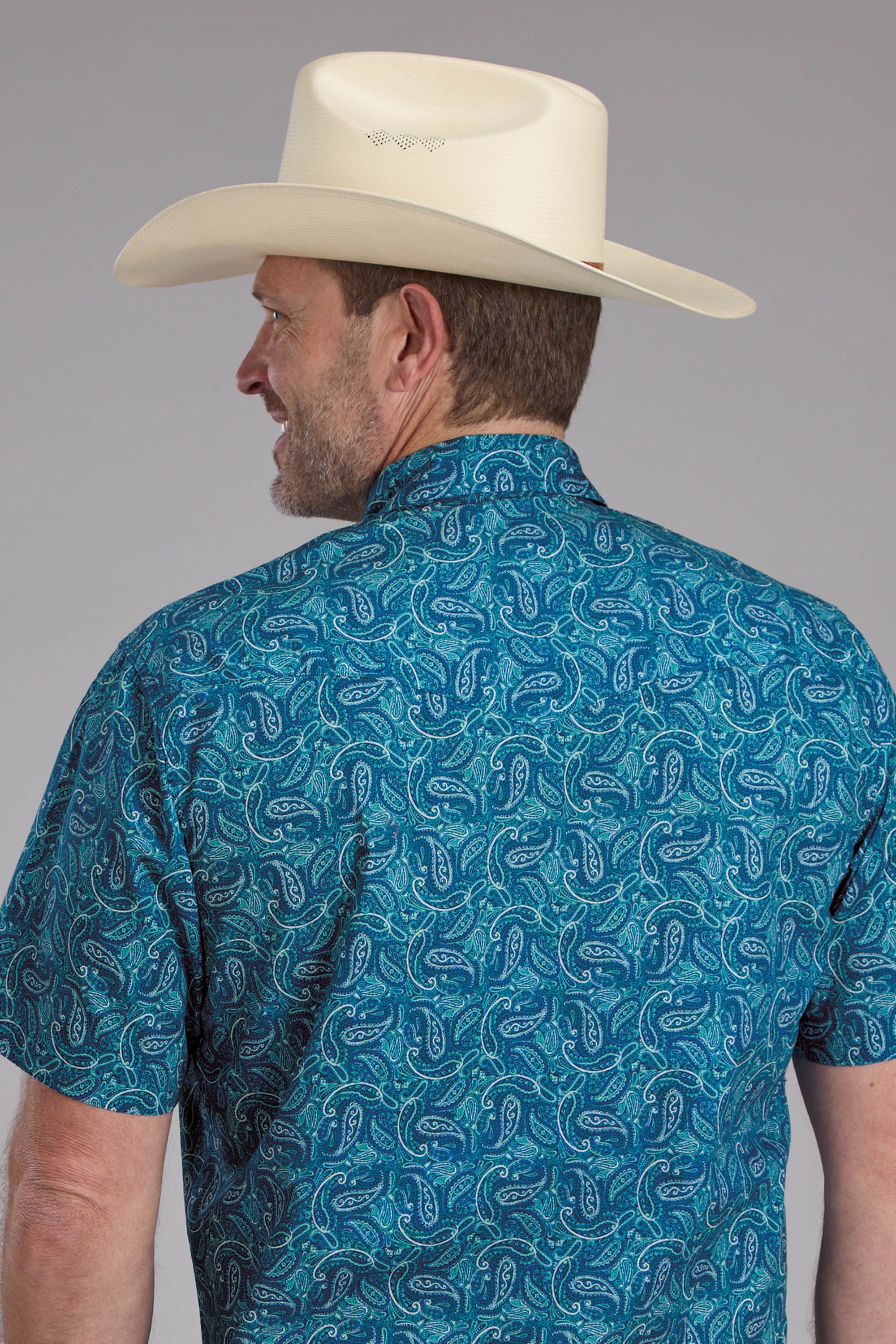 Roper Mens Denim Paisley Print Short Sleeve Snap Western Shirt