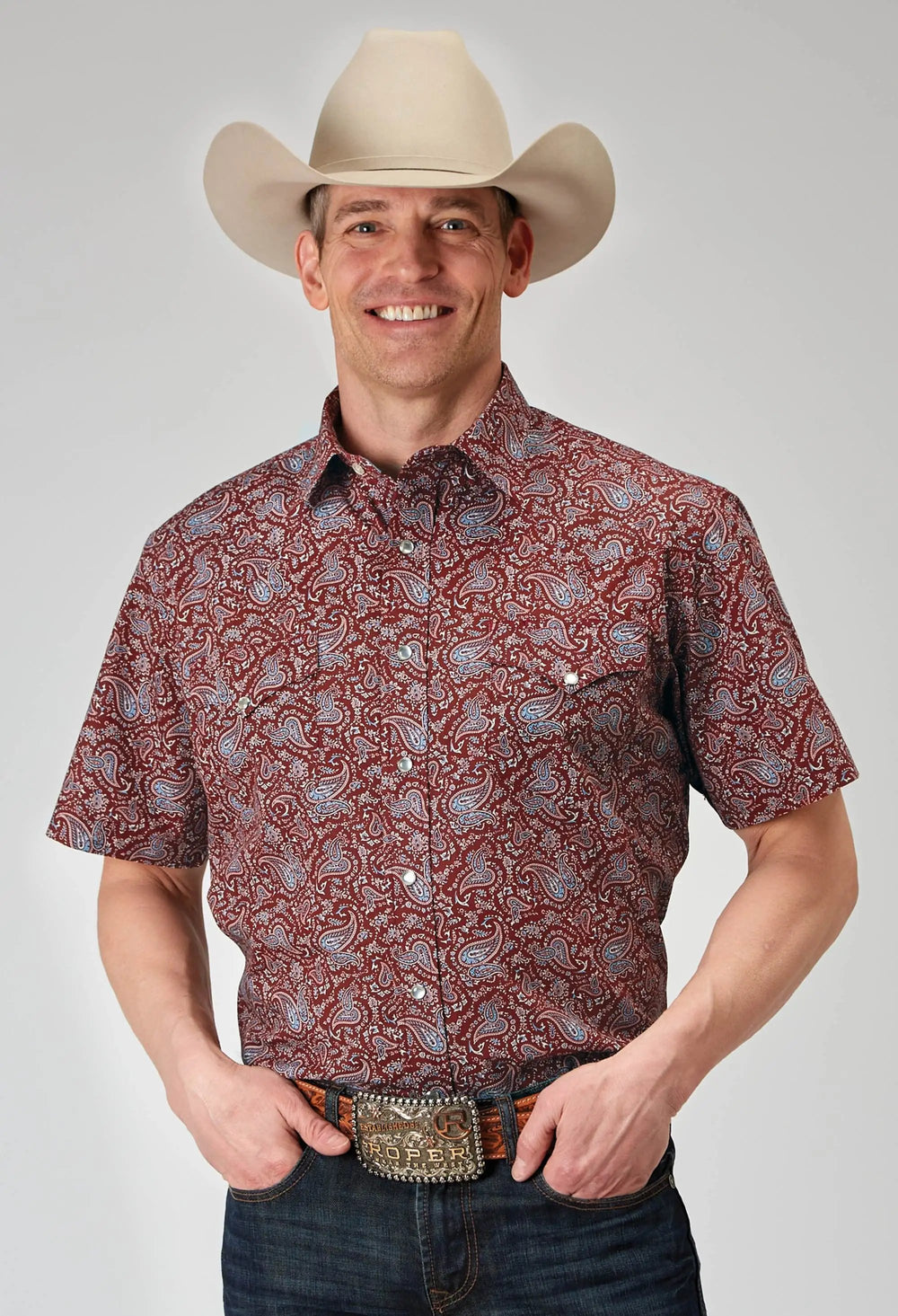 Roper Mens Short Sleeve Snap Vintage Paisley Print Western Shirt - Roper