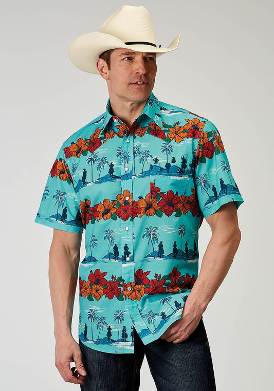 Roper Mens Short Sleeve Snap Hawaiian Print Western Shirt - Roper