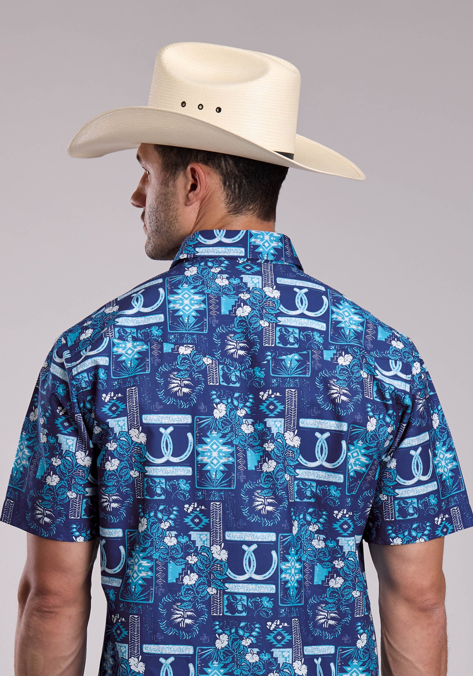 Mens Roper Tropical Print Short Sleeve Snap Shirt