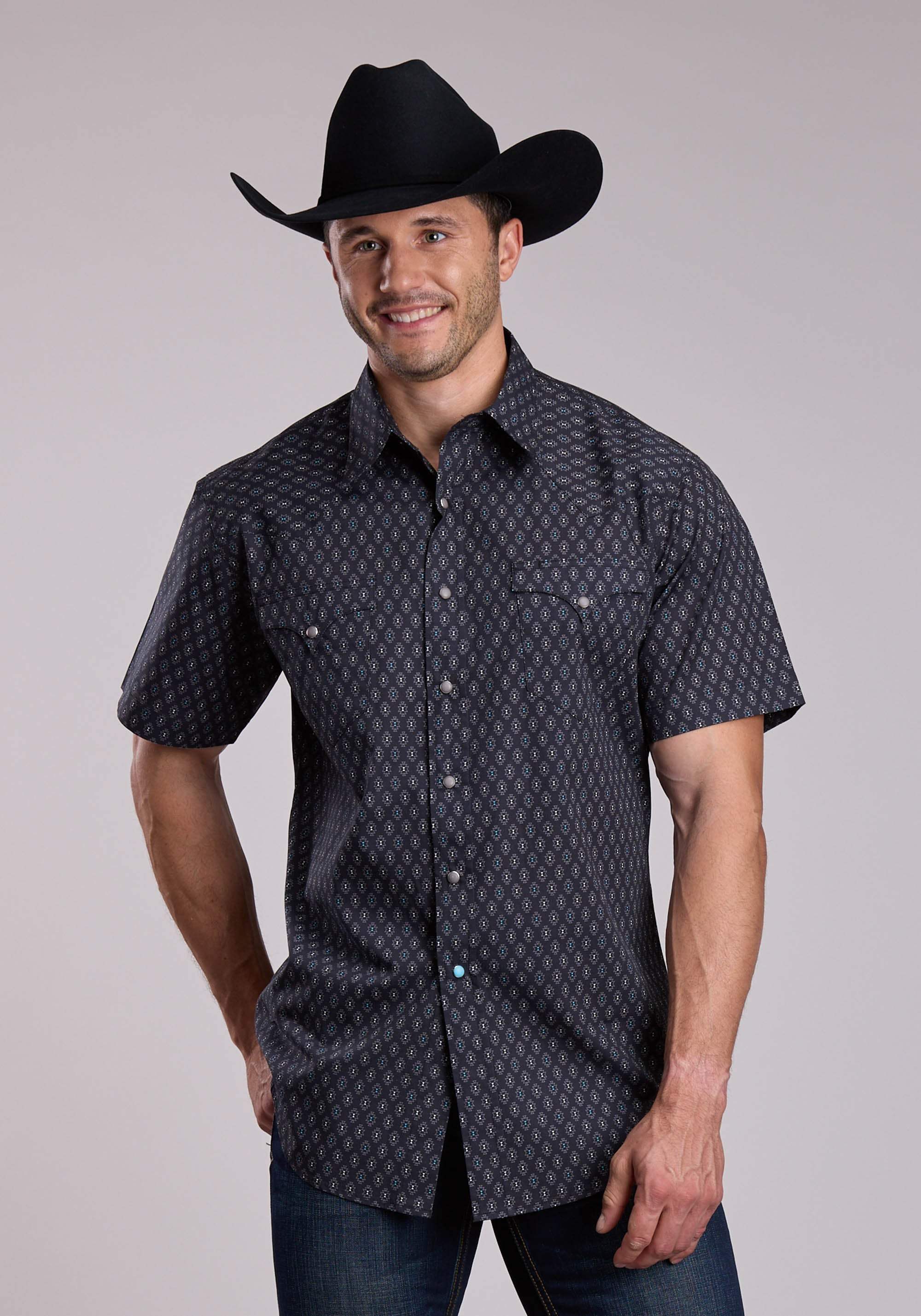 Mens Roper Grey Turquoise Aztec Print Short Sleeve Snap Shirt - Roper - Flyclothing LLC
