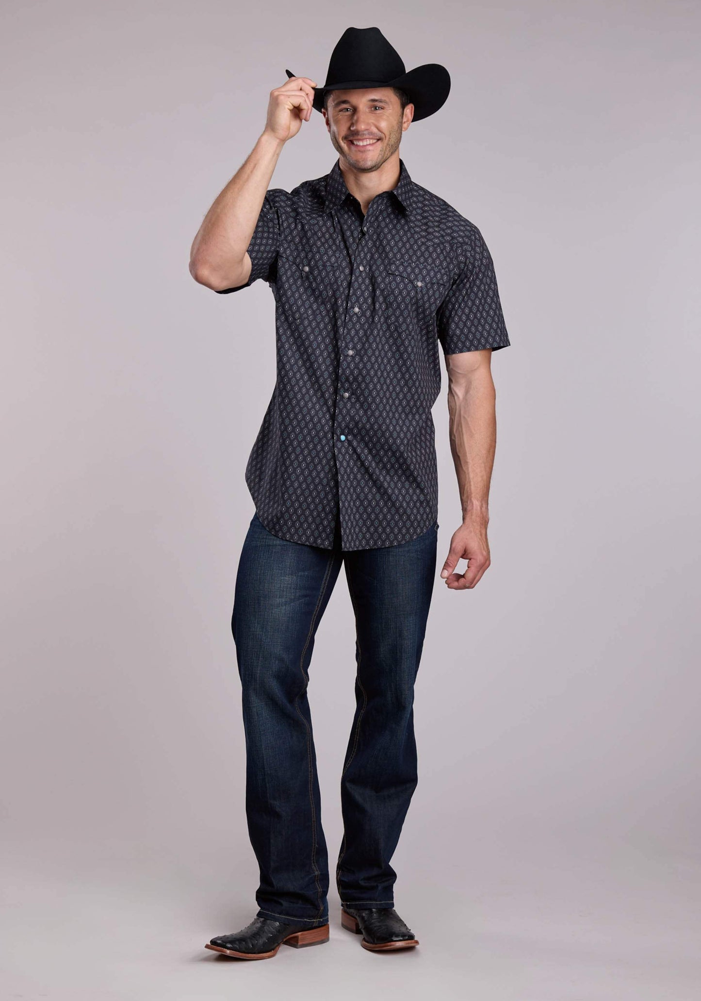 Mens Roper Grey Turquoise Aztec Print Short Sleeve Snap Shirt - Roper - Flyclothing LLC