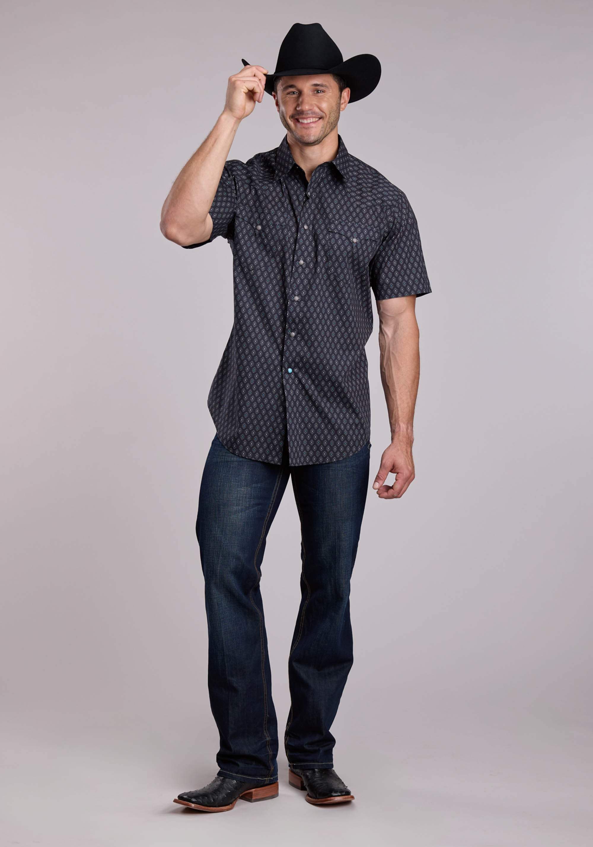 Mens Roper Grey Turquoise Aztec Print Short Sleeve Snap Shirt - Roper - Flyclothing LLC