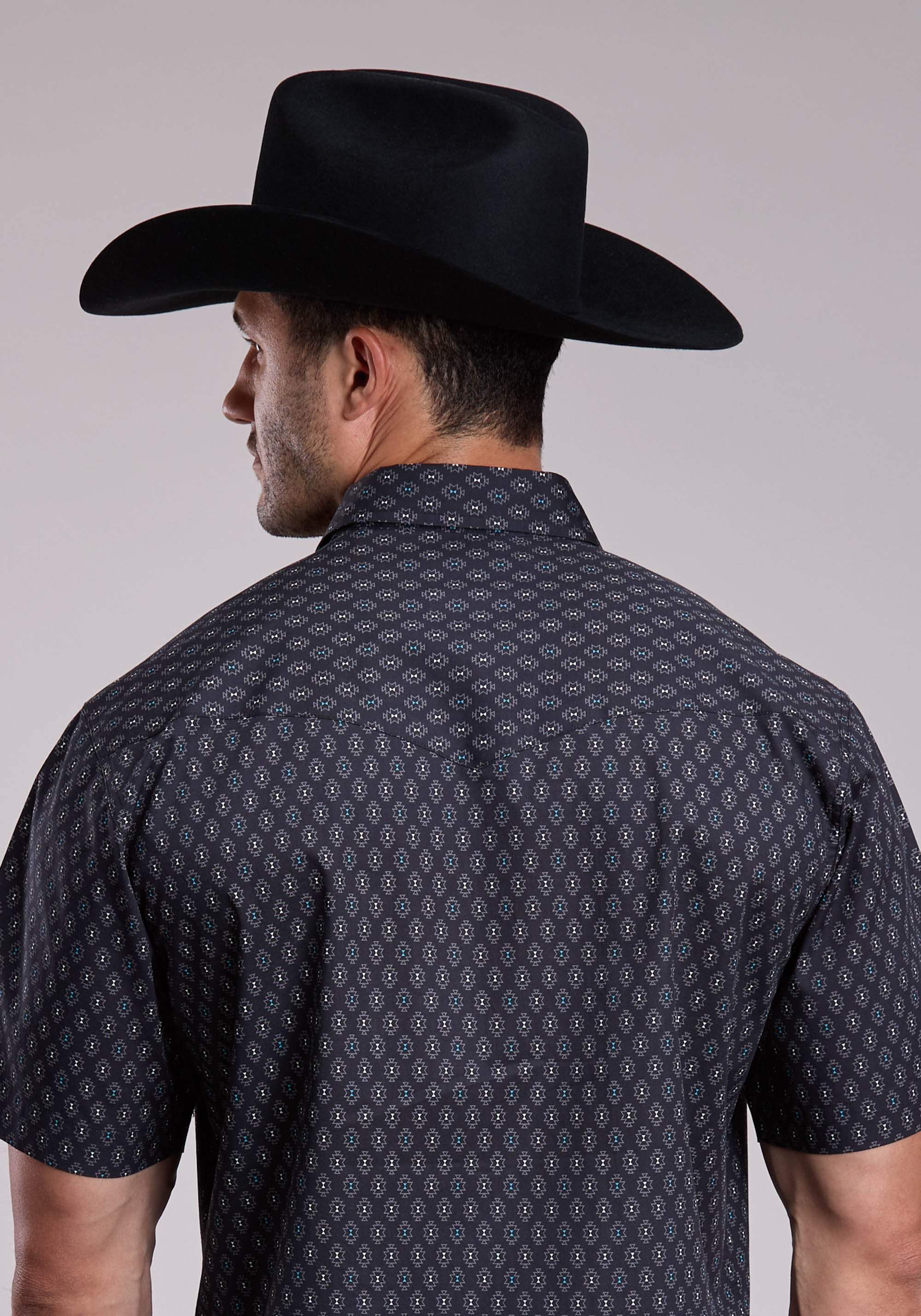 Mens Roper Grey Turquoise Aztec Print Short Sleeve Snap Shirt - Roper - Flyclothing LLC
