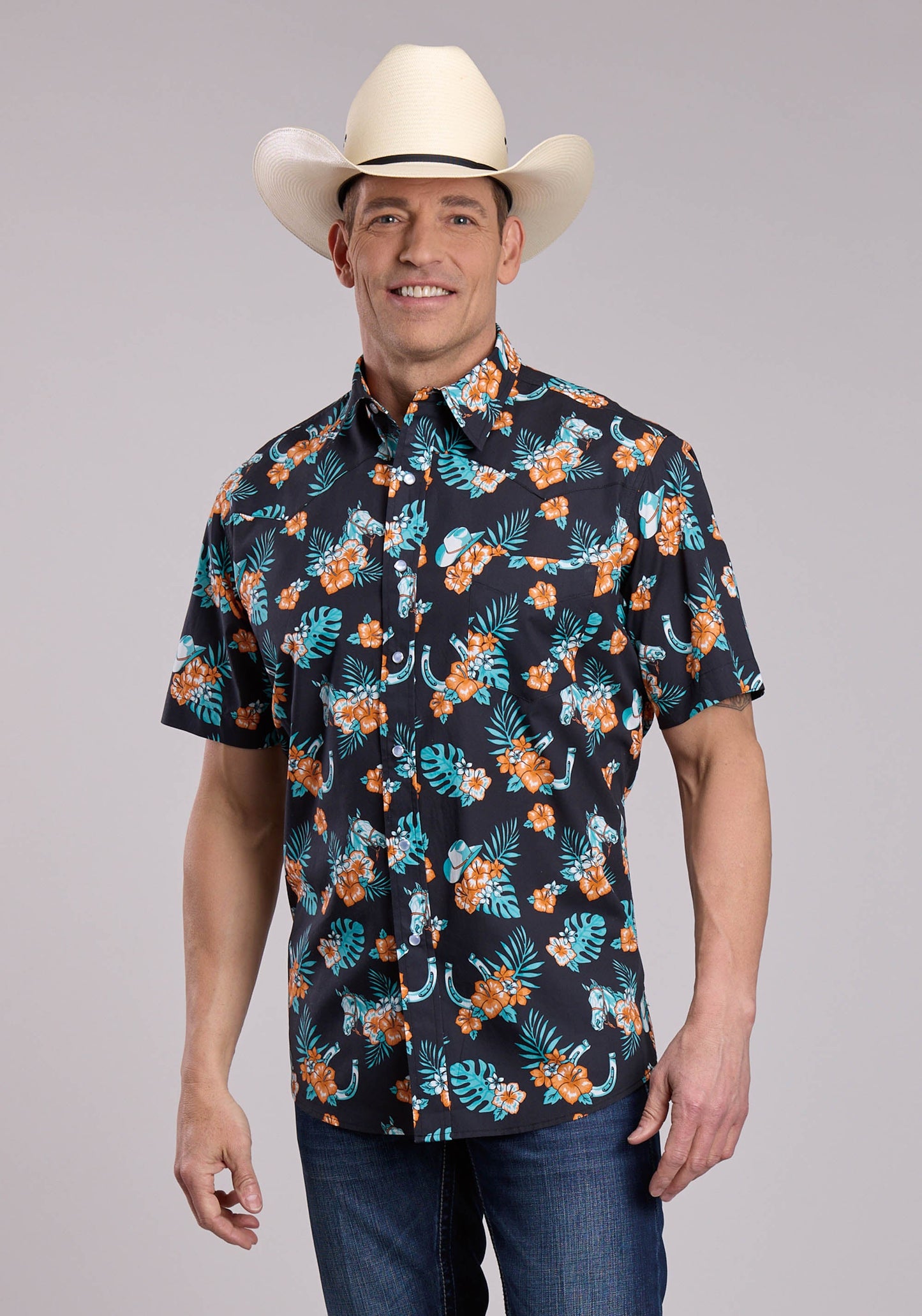 Mens Roper Hawaiian Print Short Sleeve Snap Shirt