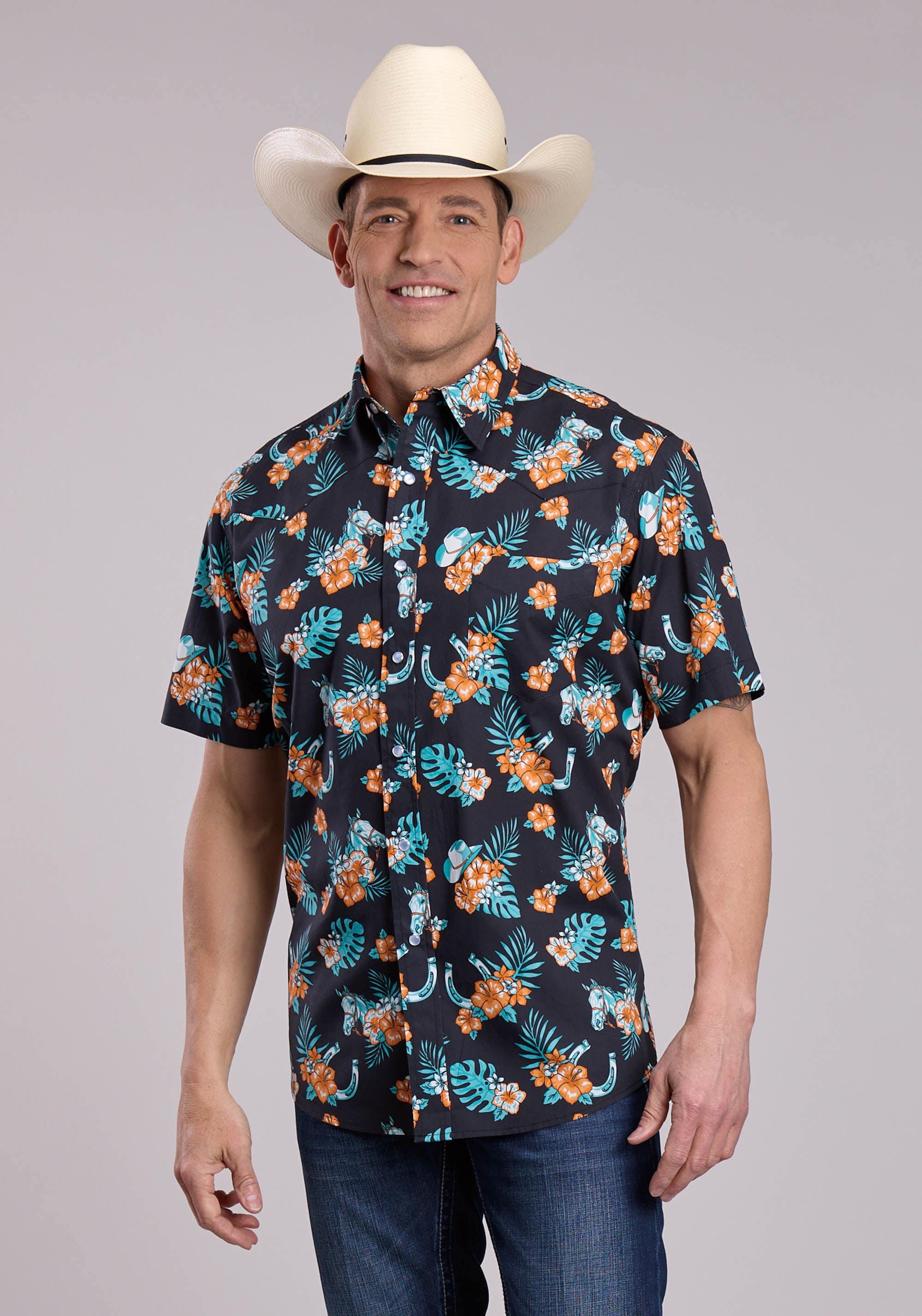 Mens Roper Hawaiian Print Short Sleeve Snap Shirt