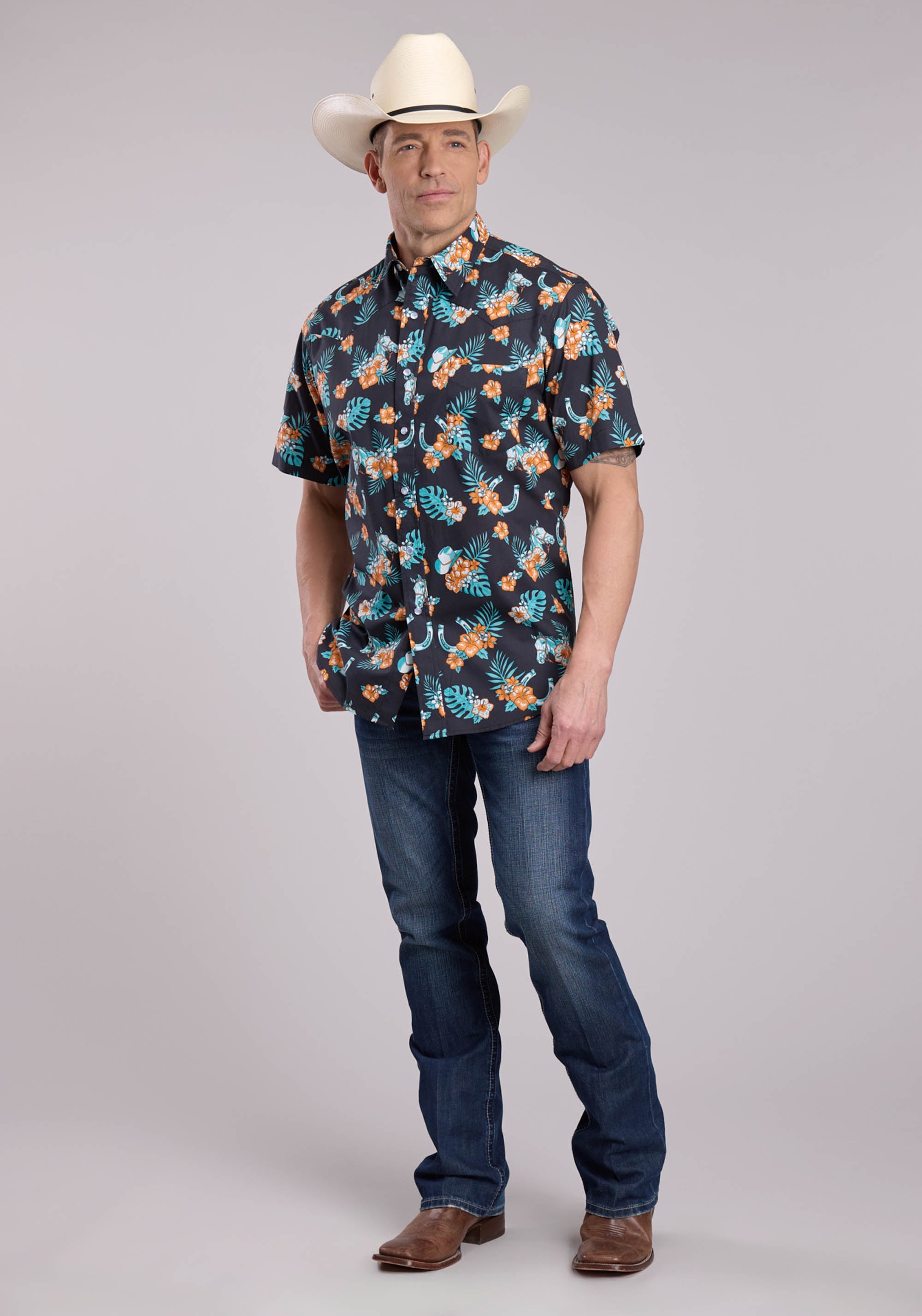 Mens Roper Hawaiian Print Short Sleeve Snap Shirt