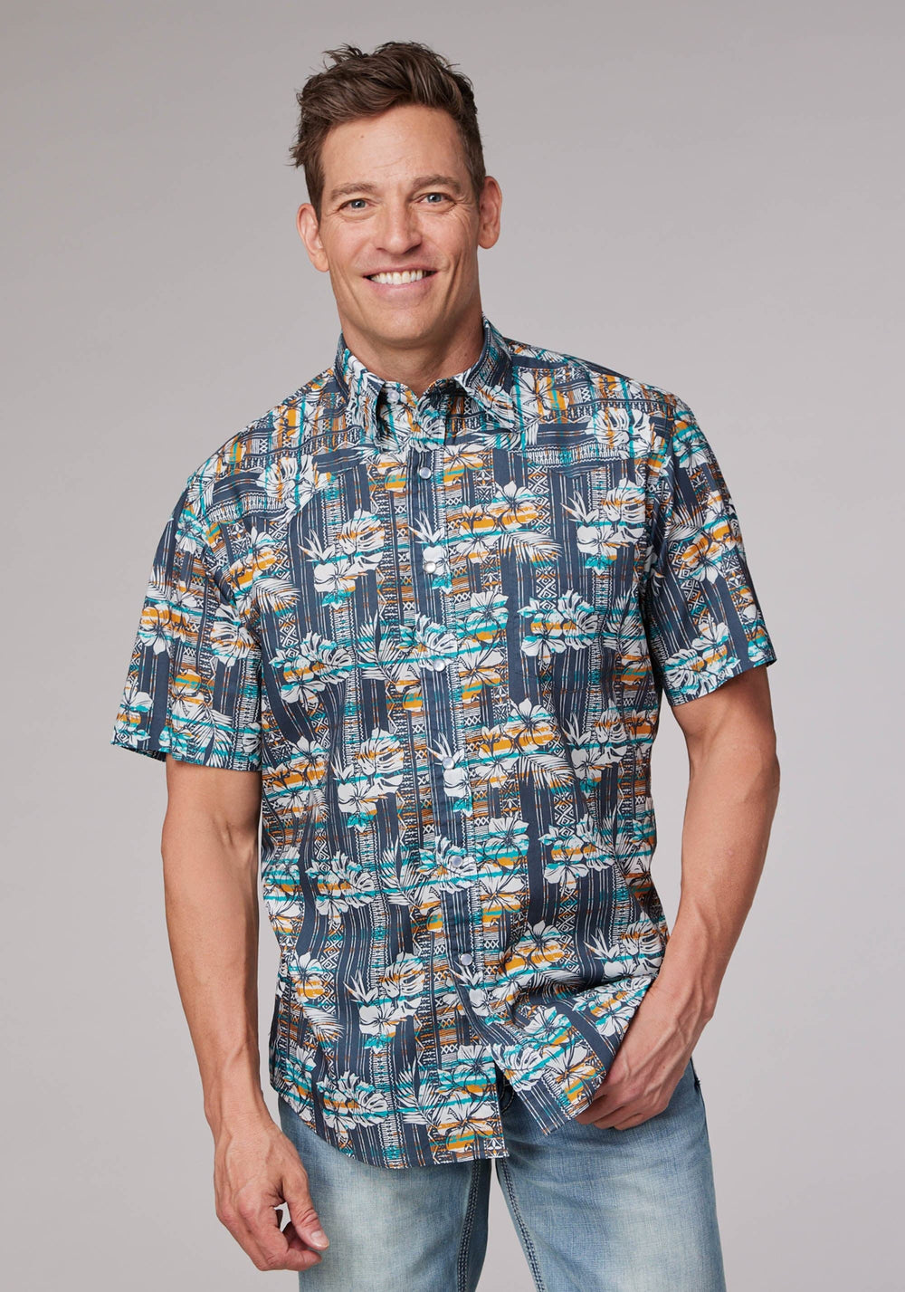 Roper Mens Short Sleeve Snap Distressed Tropical Print Western Shirt - Roper