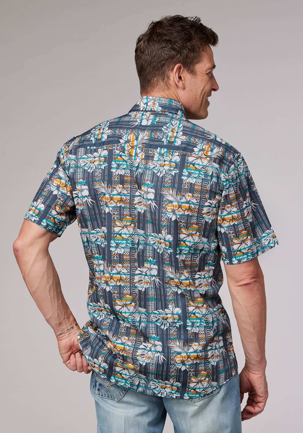 Roper Mens Short Sleeve Snap Distressed Tropical Print Western Shirt - Roper - Flyclothing LLC