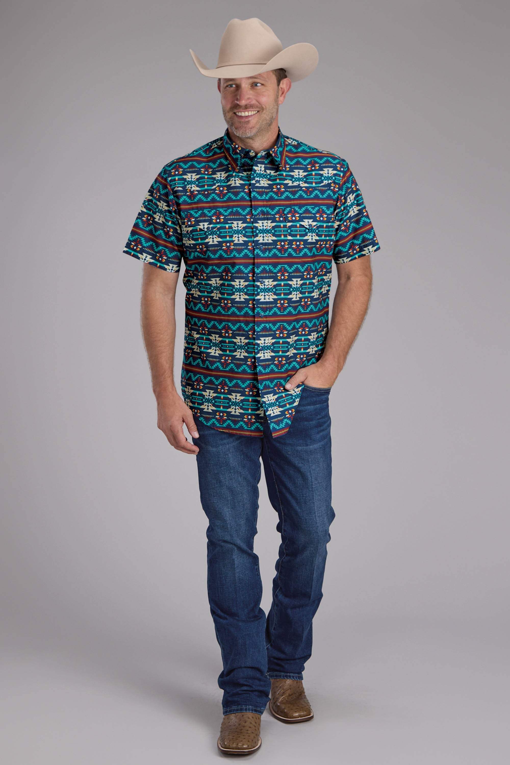 Roper Mens Horizontal Navajo Aztec Print Short Sleeve Snap Western Shirt - Roper - Flyclothing LLC