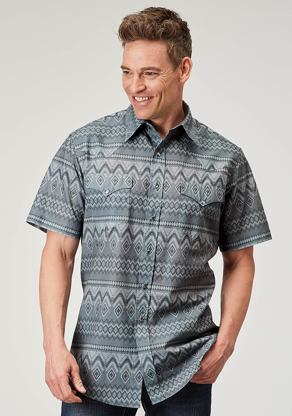 Roper Mens Short Sleeve Snap River Aztec Print Western Shirt - Roper