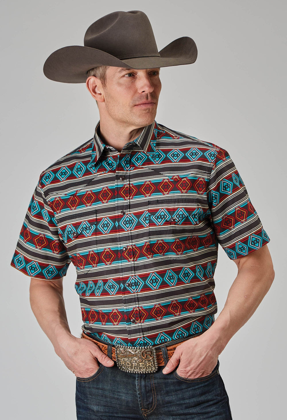 Roper Mens Short Sleeve Snap Aztec Stripe Print Western Shirt - Roper