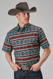 Roper Mens Short Sleeve Snap Aztec Stripe Print Western Shirt - Roper