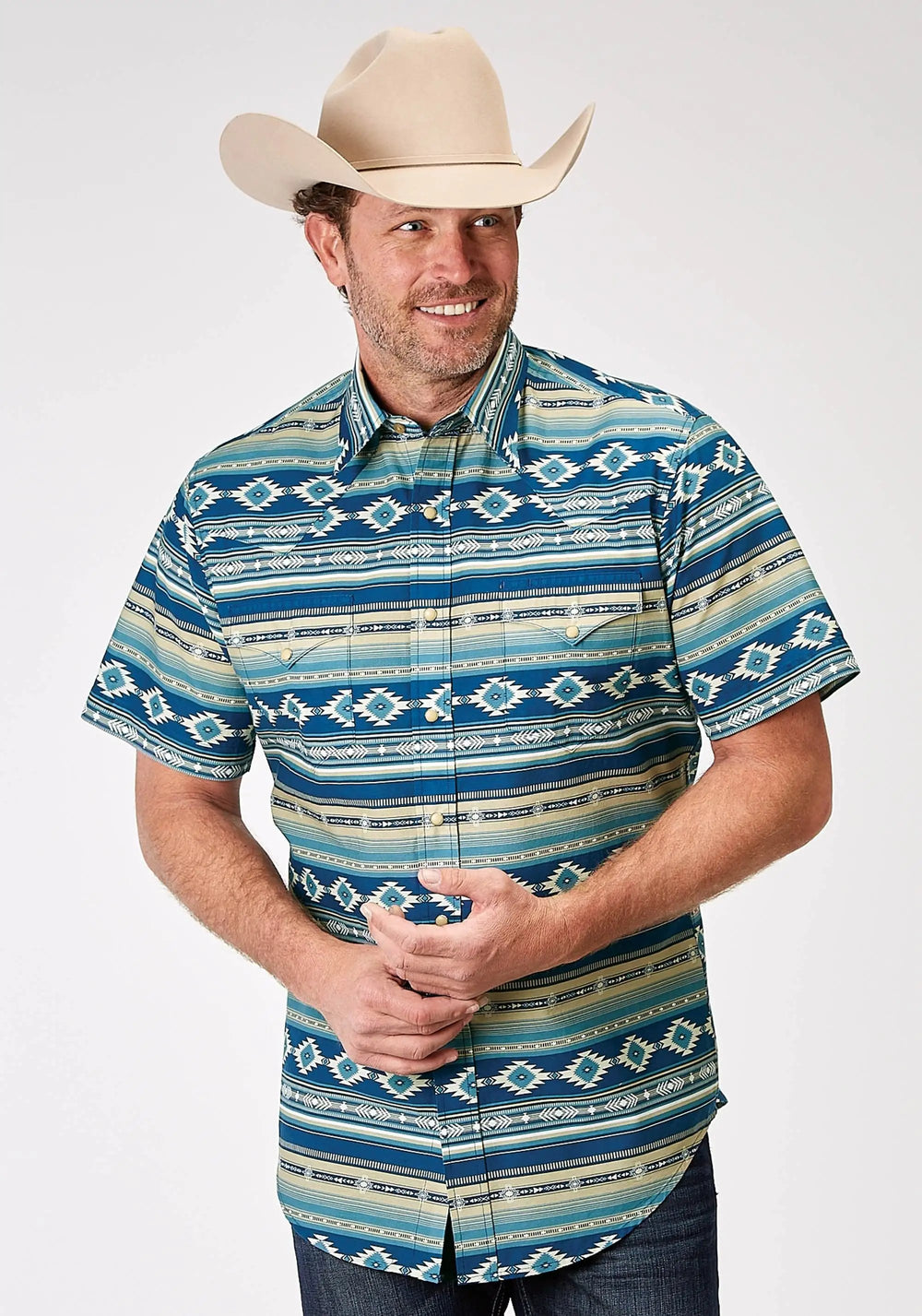 Roper Mens Short Sleeve Snap Aztec Blanket Print Western Shirt - Roper