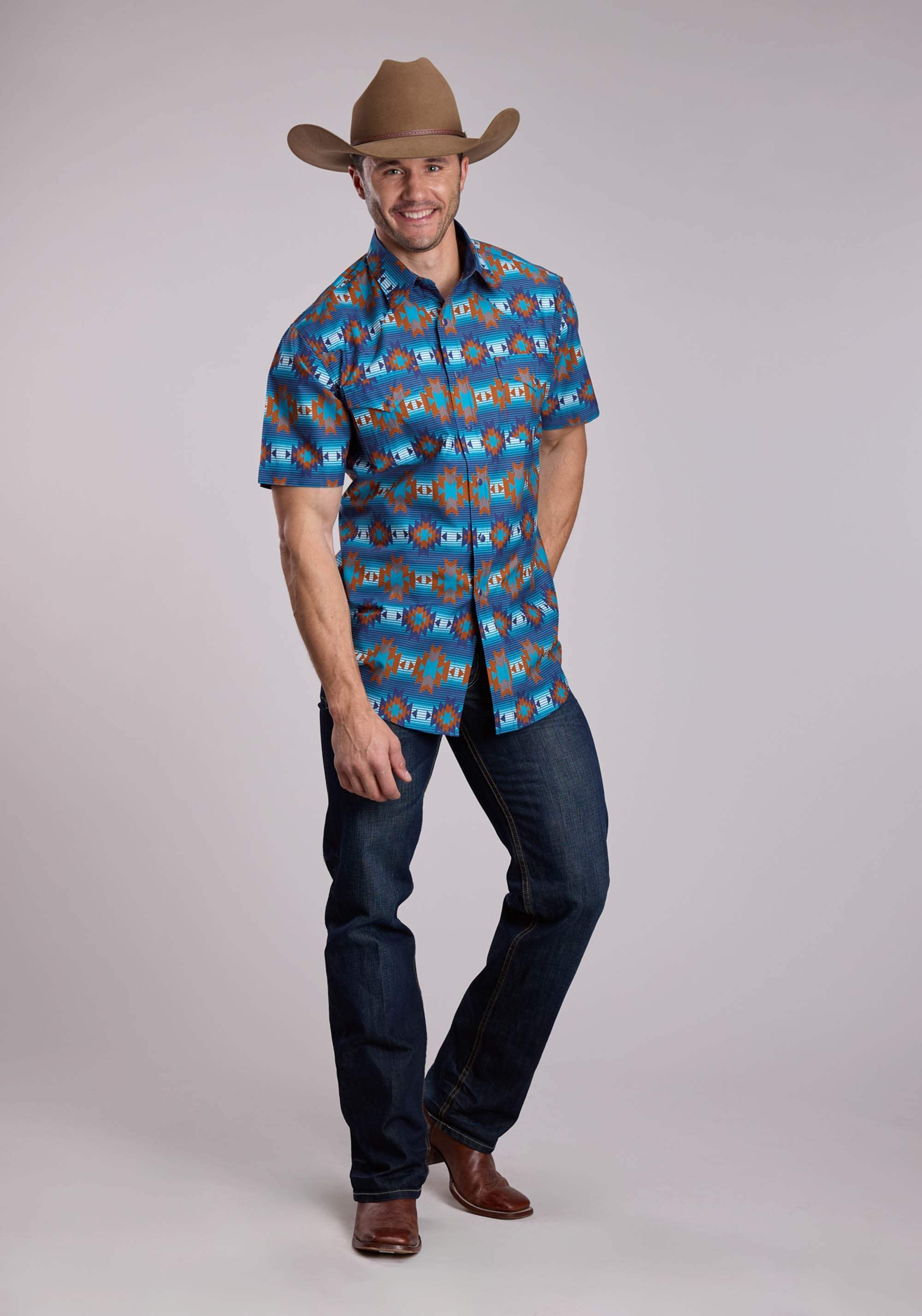 Mens Roper Serape Aztecs Stripe Short Sleeve Snap Shirt - Roper - Flyclothing LLC