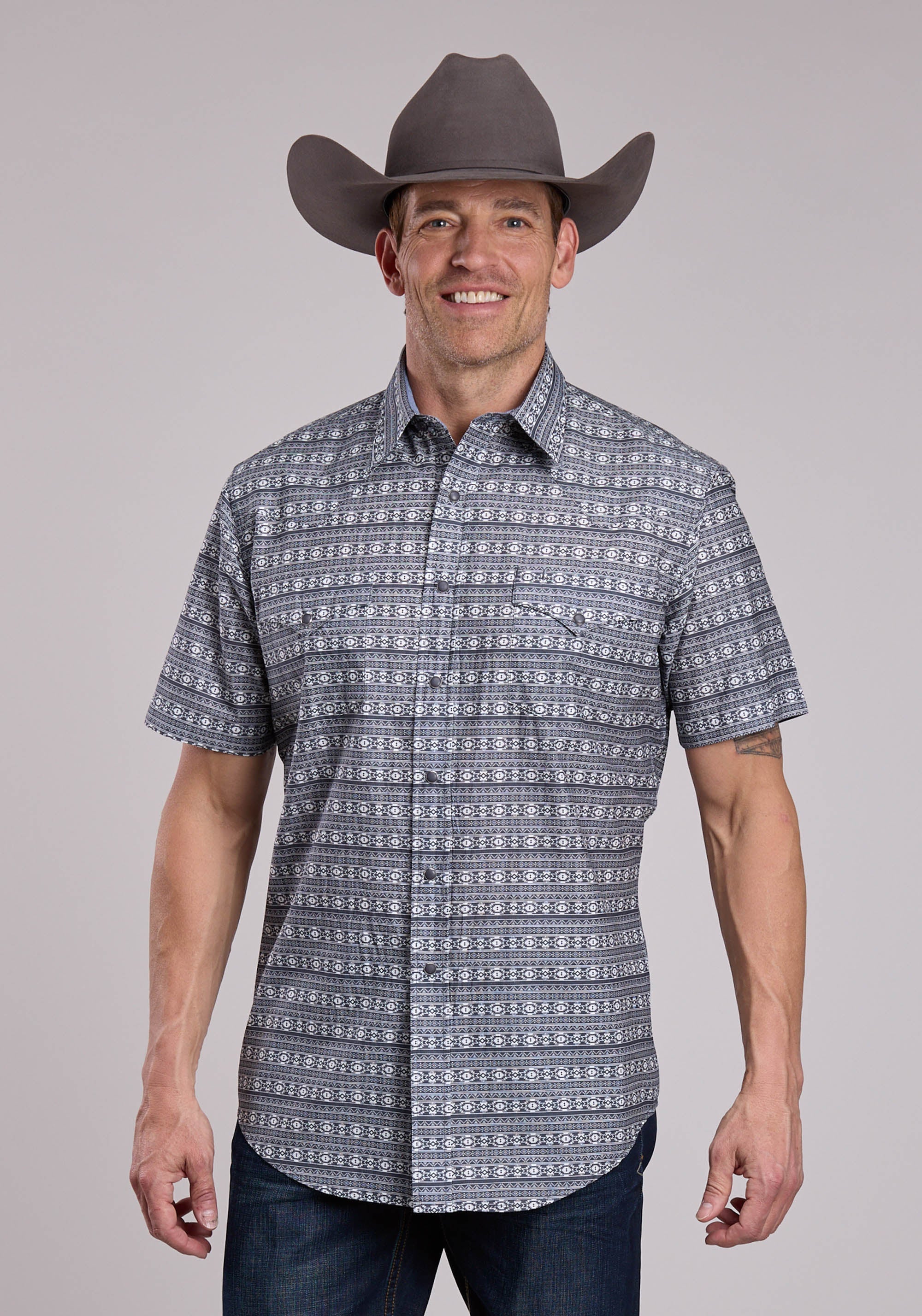 Mens Roper Horizontal Aztec Blanket Print Short Sleeve Snap Shirt