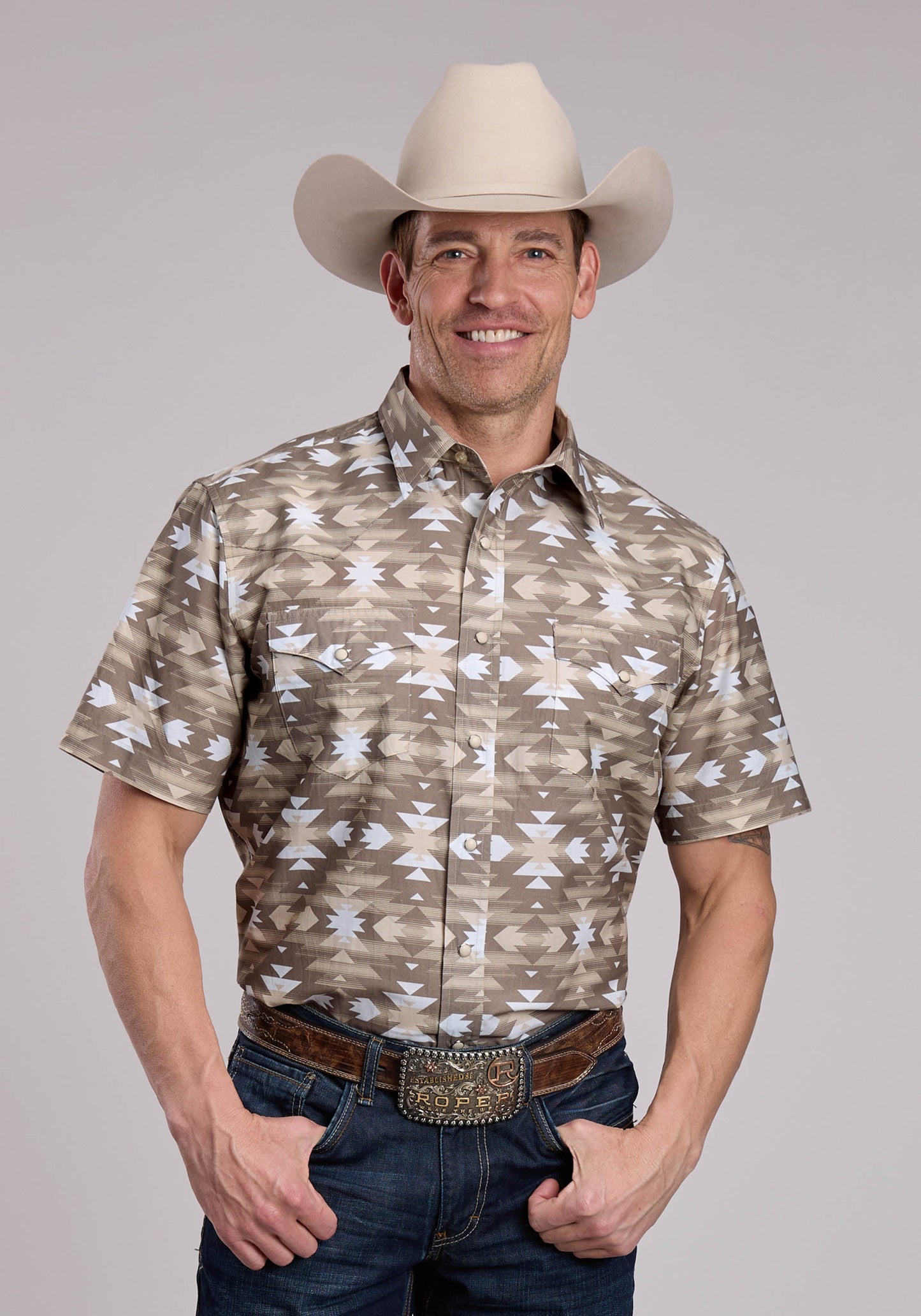 Mens Roper Aztec Serape Print Short Sleeve Snap Shirt