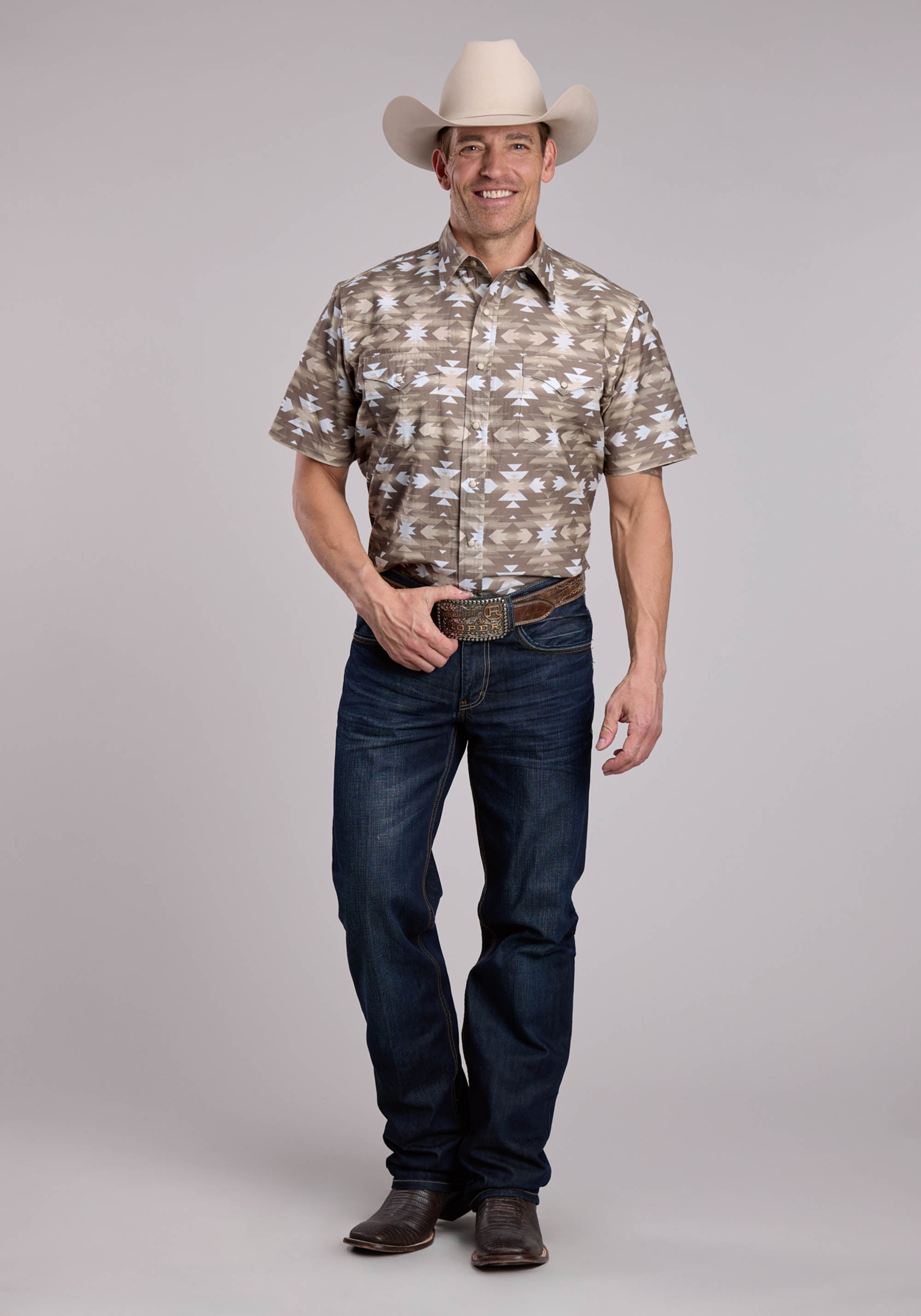 Mens Roper Aztec Serape Print Short Sleeve Snap Shirt