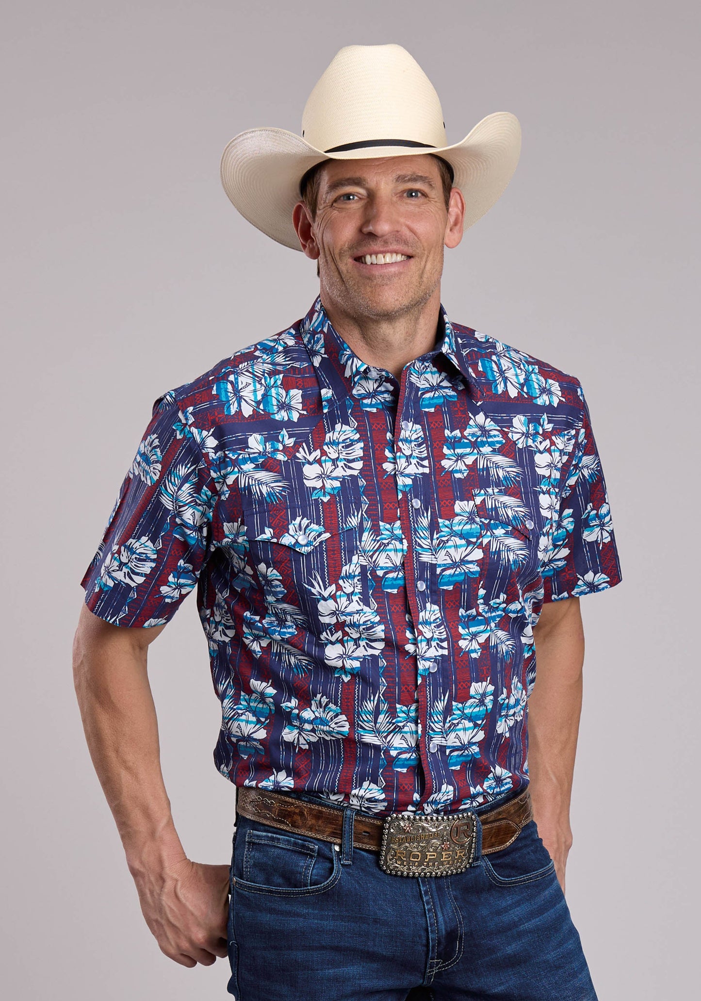 Mens Roper Distressed Tropical Aztec Print Short Sleeve Snap Shirt