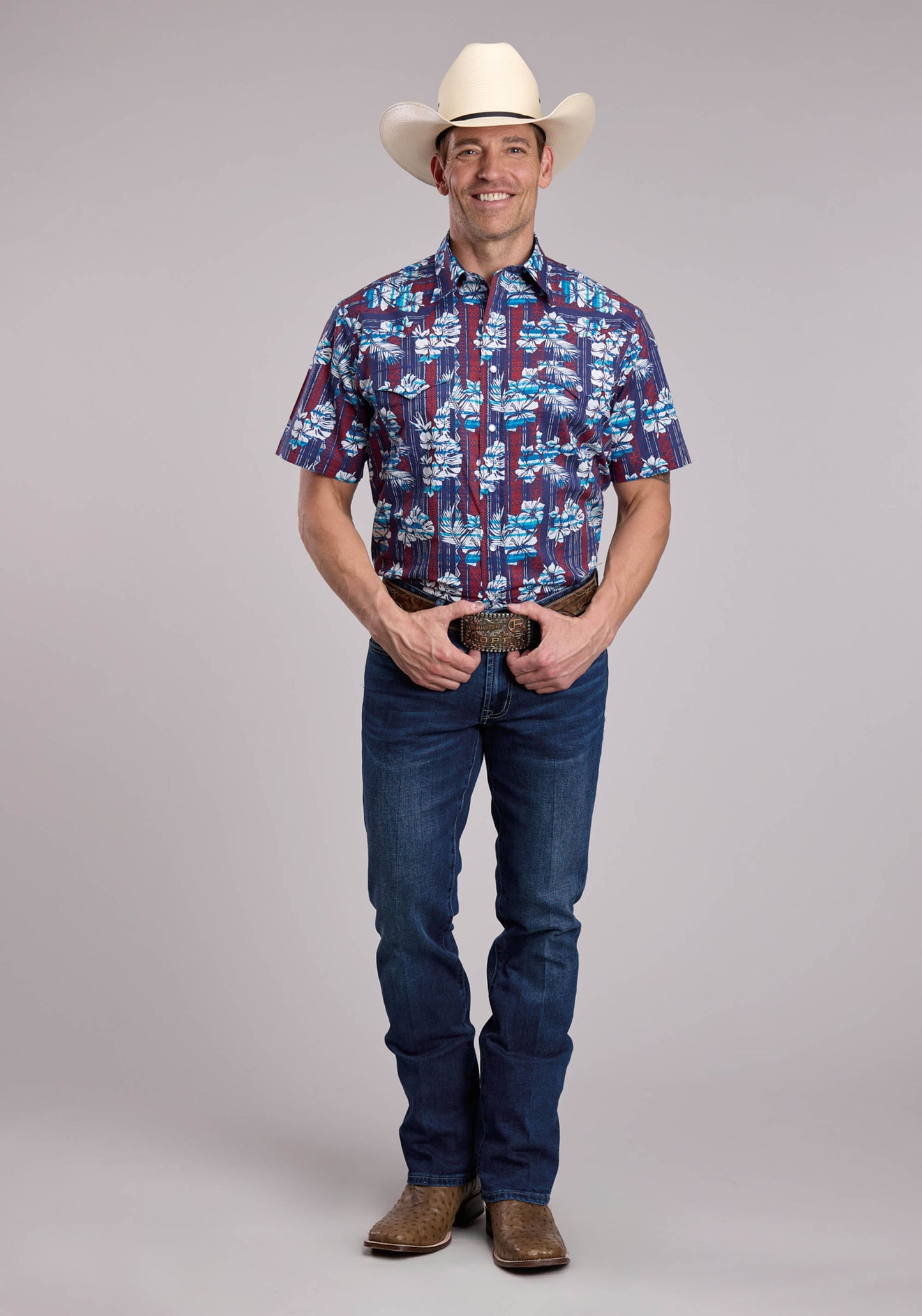Mens Roper Distressed Tropical Aztec Print Short Sleeve Snap Shirt