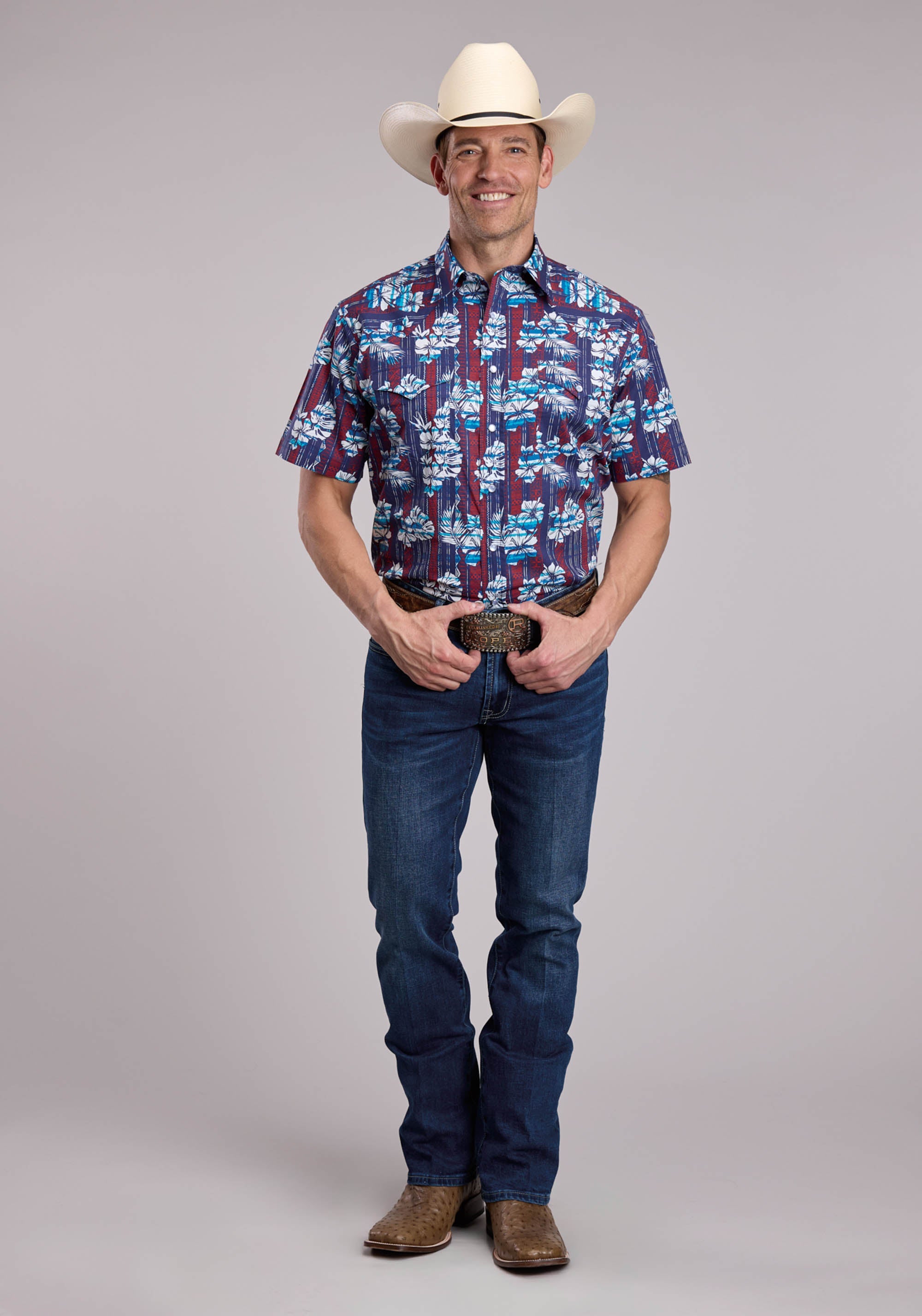 Mens Roper Distressed Tropical Aztec Print Short Sleeve Snap Shirt