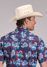 Mens Roper Distressed Tropical Aztec Print Short Sleeve Snap Shirt