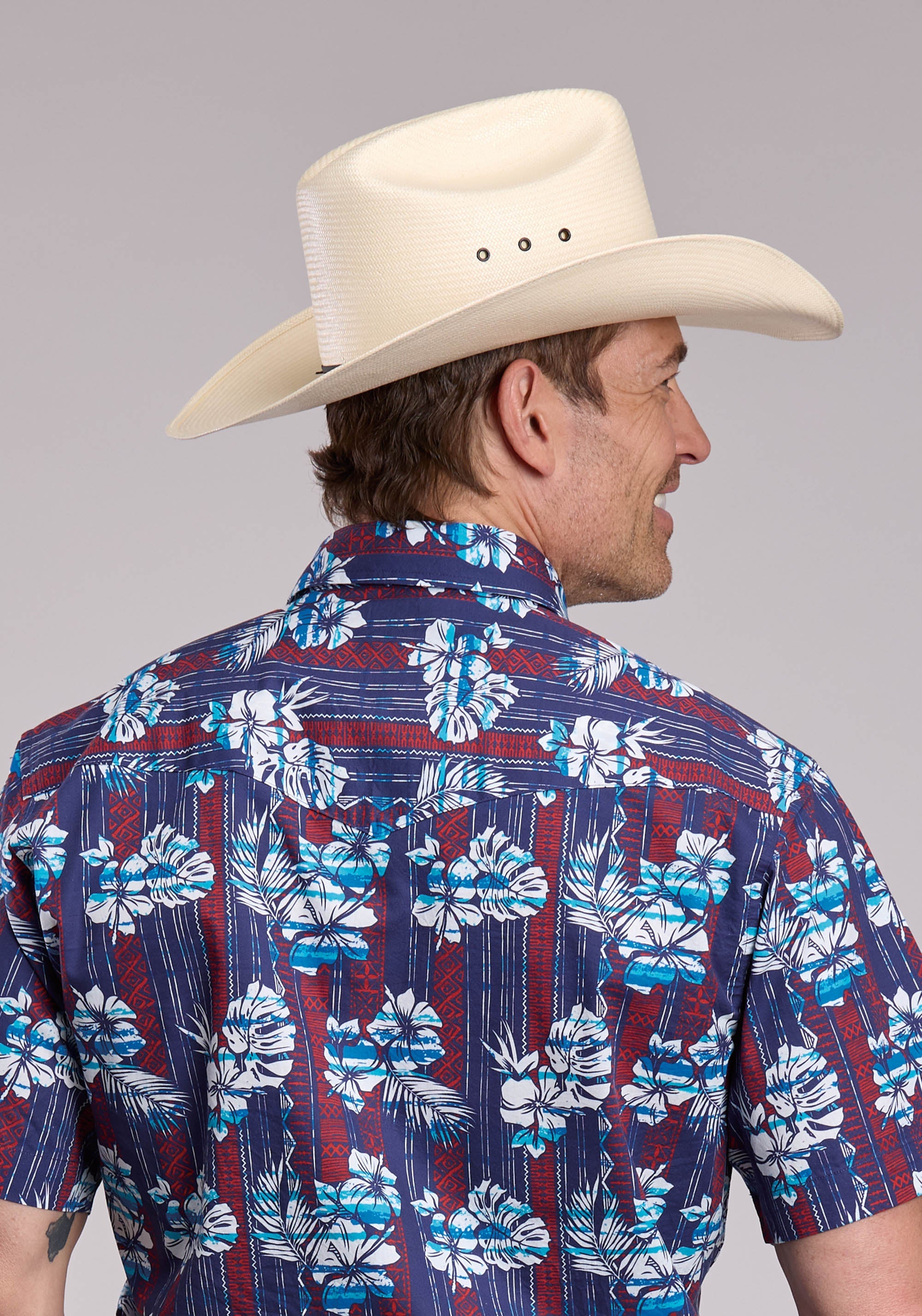 Mens Roper Distressed Tropical Aztec Print Short Sleeve Snap Shirt