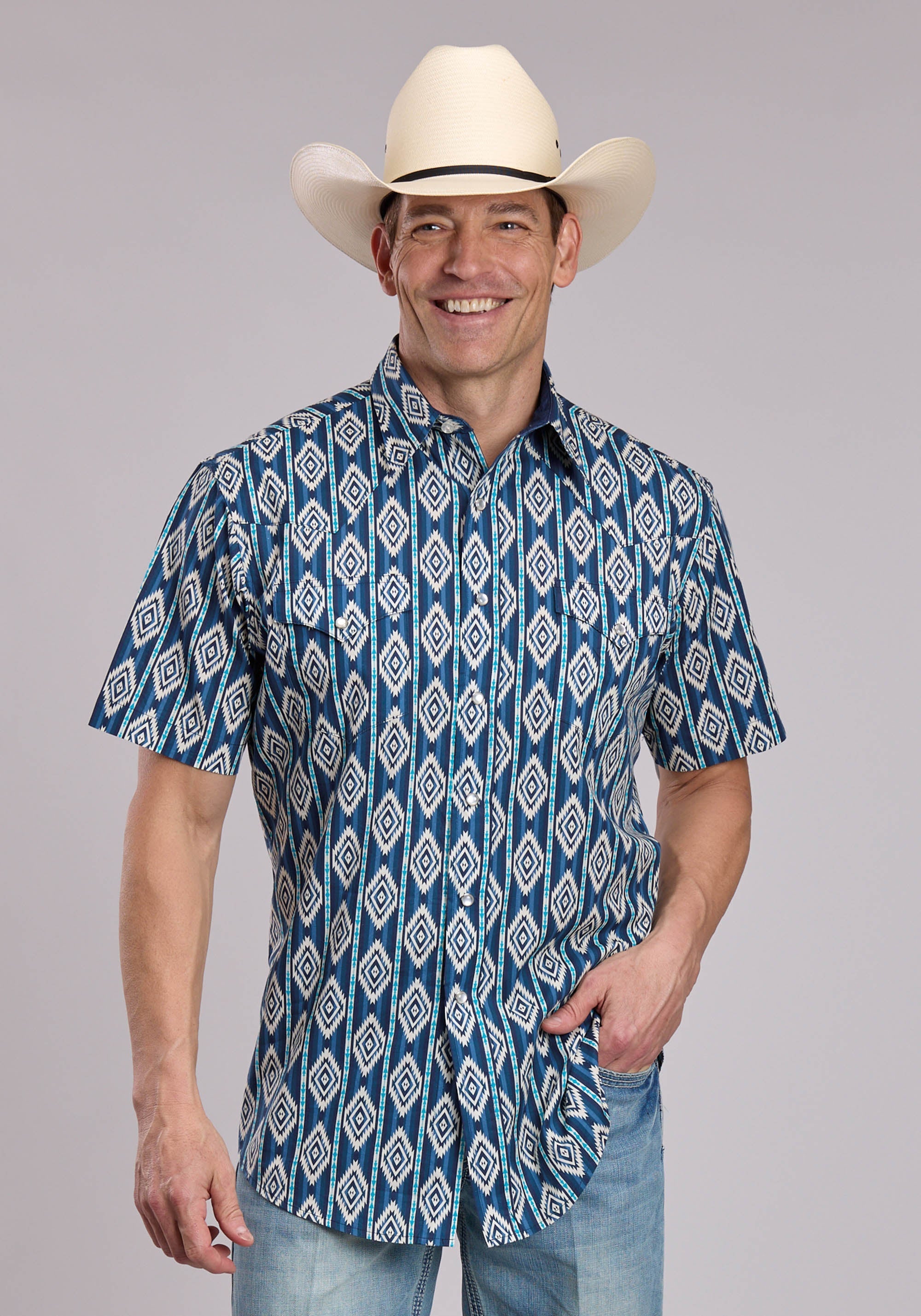 Mens Roper Vertical Serape Print Short Sleeve Snap Shirt