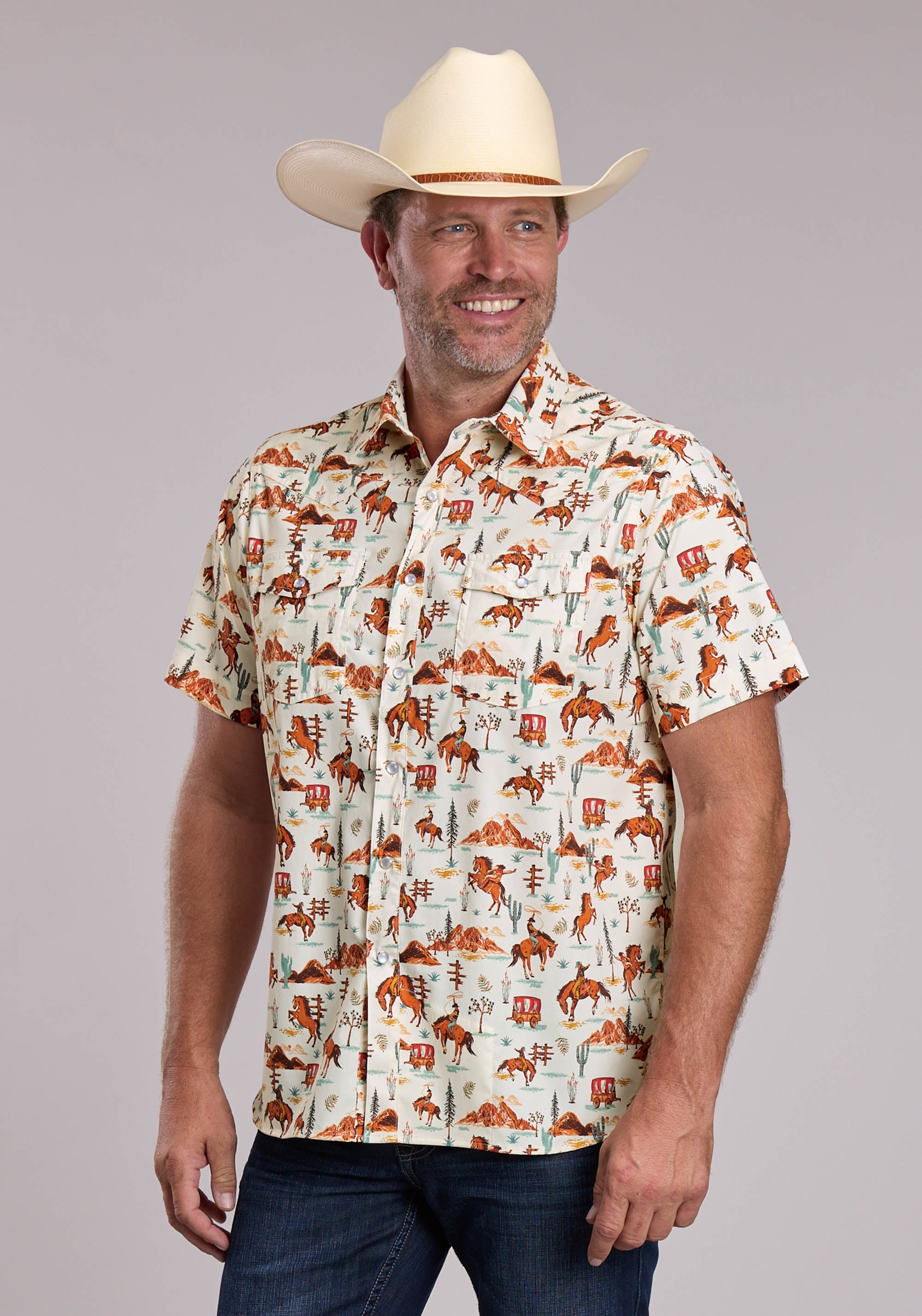 Mens Roper Vintage Scenic Print Short Sleeve Snap Shirt