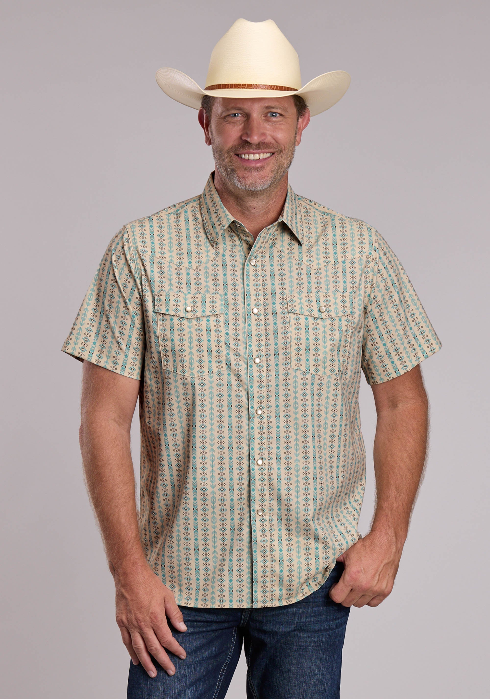 Mens Roper Vertical Aztec Print Short Sleeve Snap Shirt