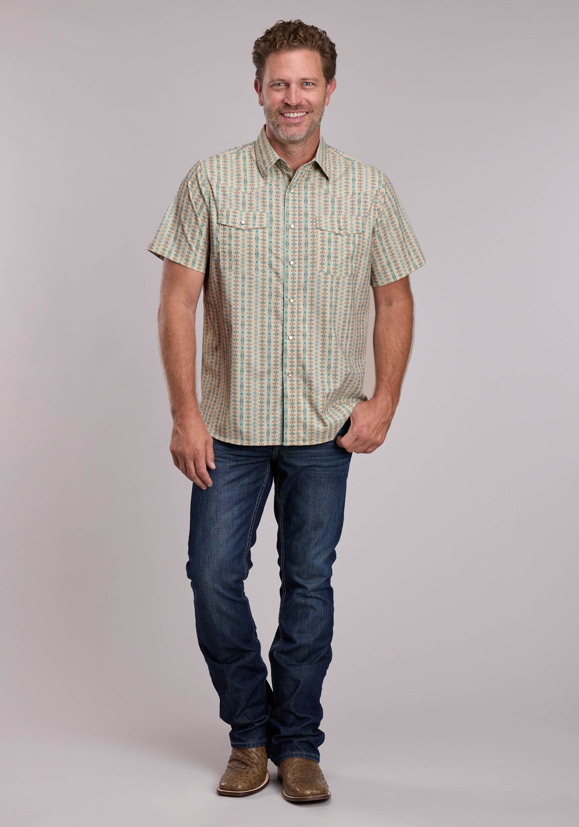 Mens Roper Vertical Aztec Print Short Sleeve Snap Shirt