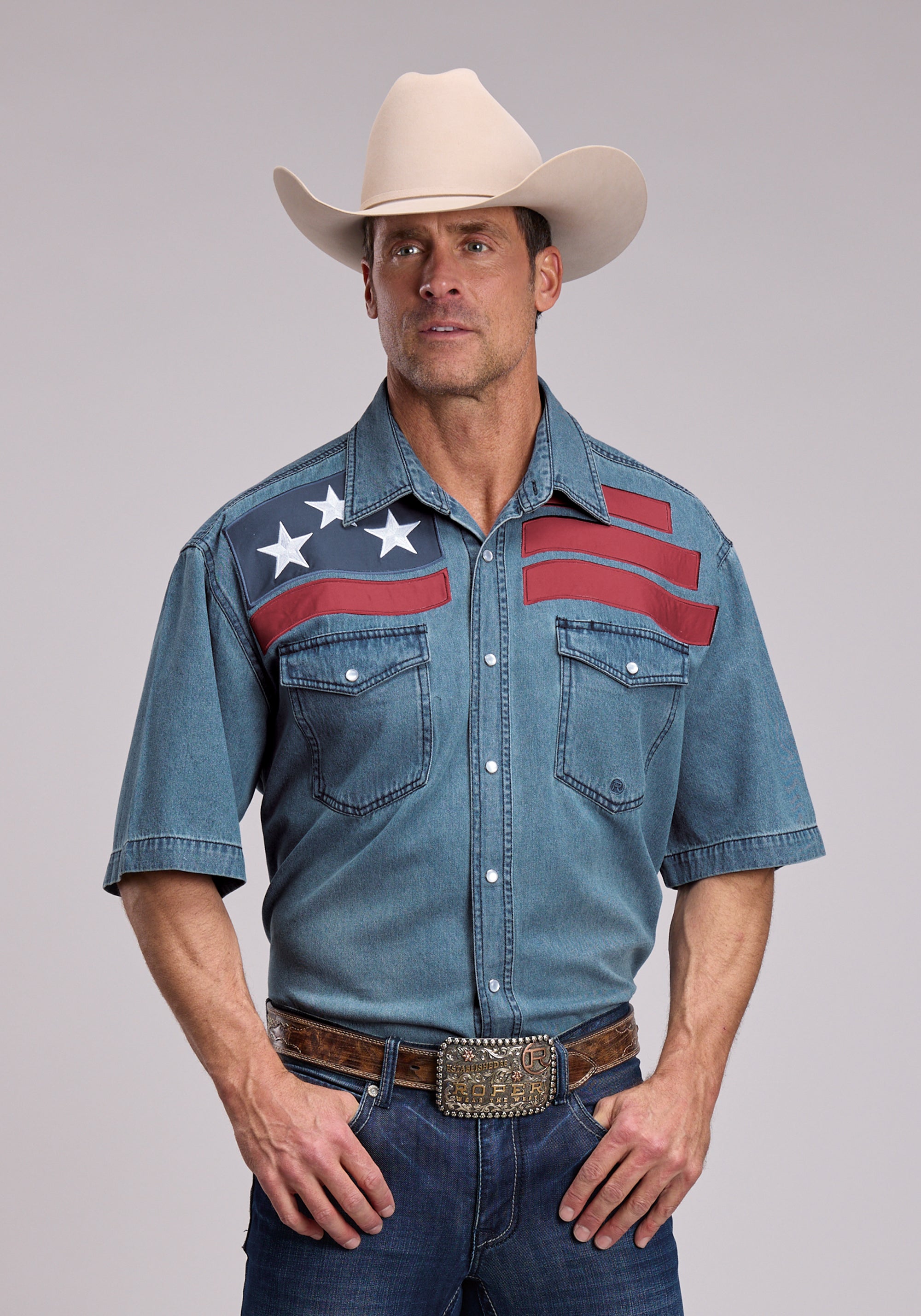 Mens Roper Medium Blue Denim Short Sleeve Snap Shirt