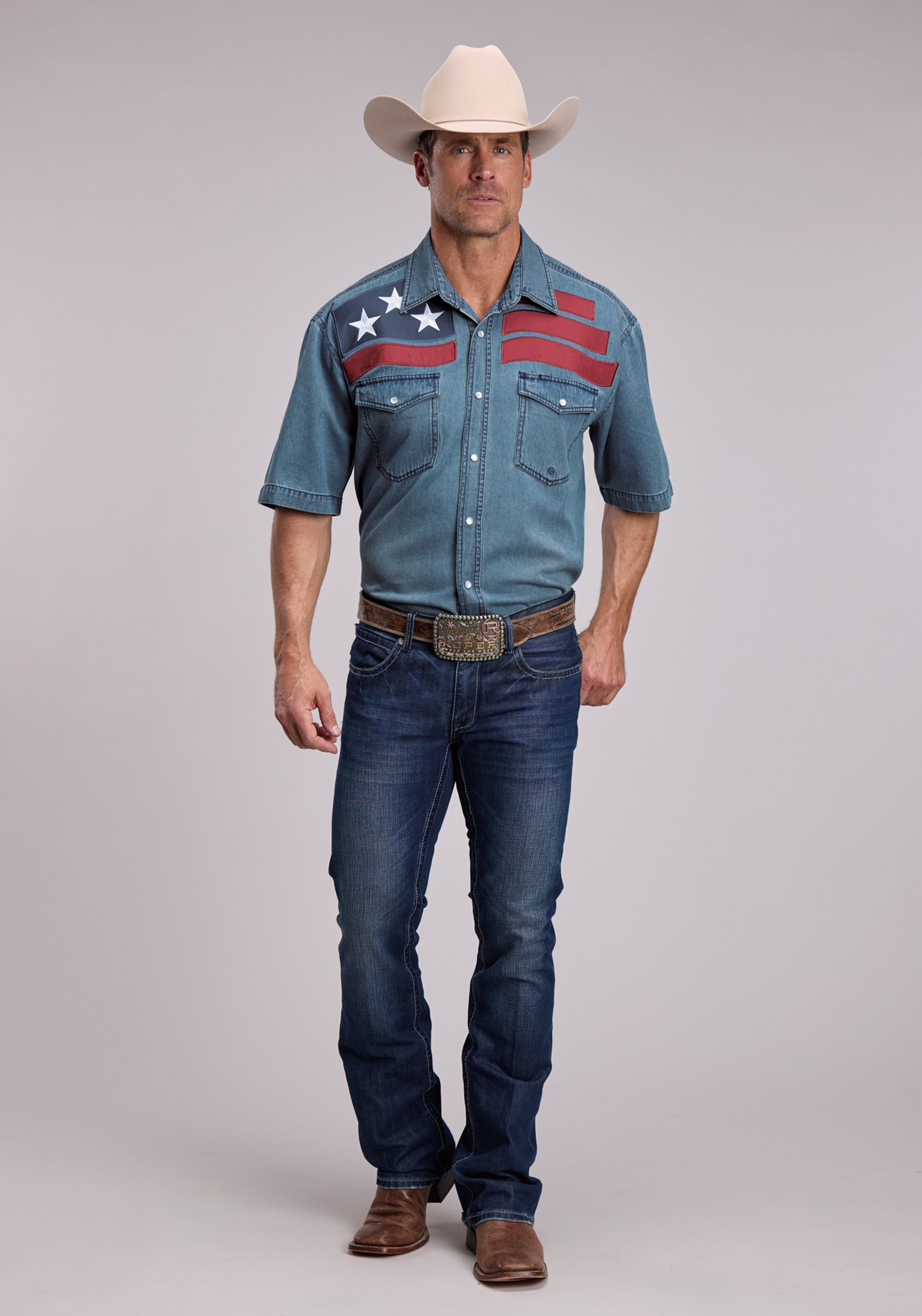 Mens Roper Medium Blue Denim Short Sleeve Snap Shirt