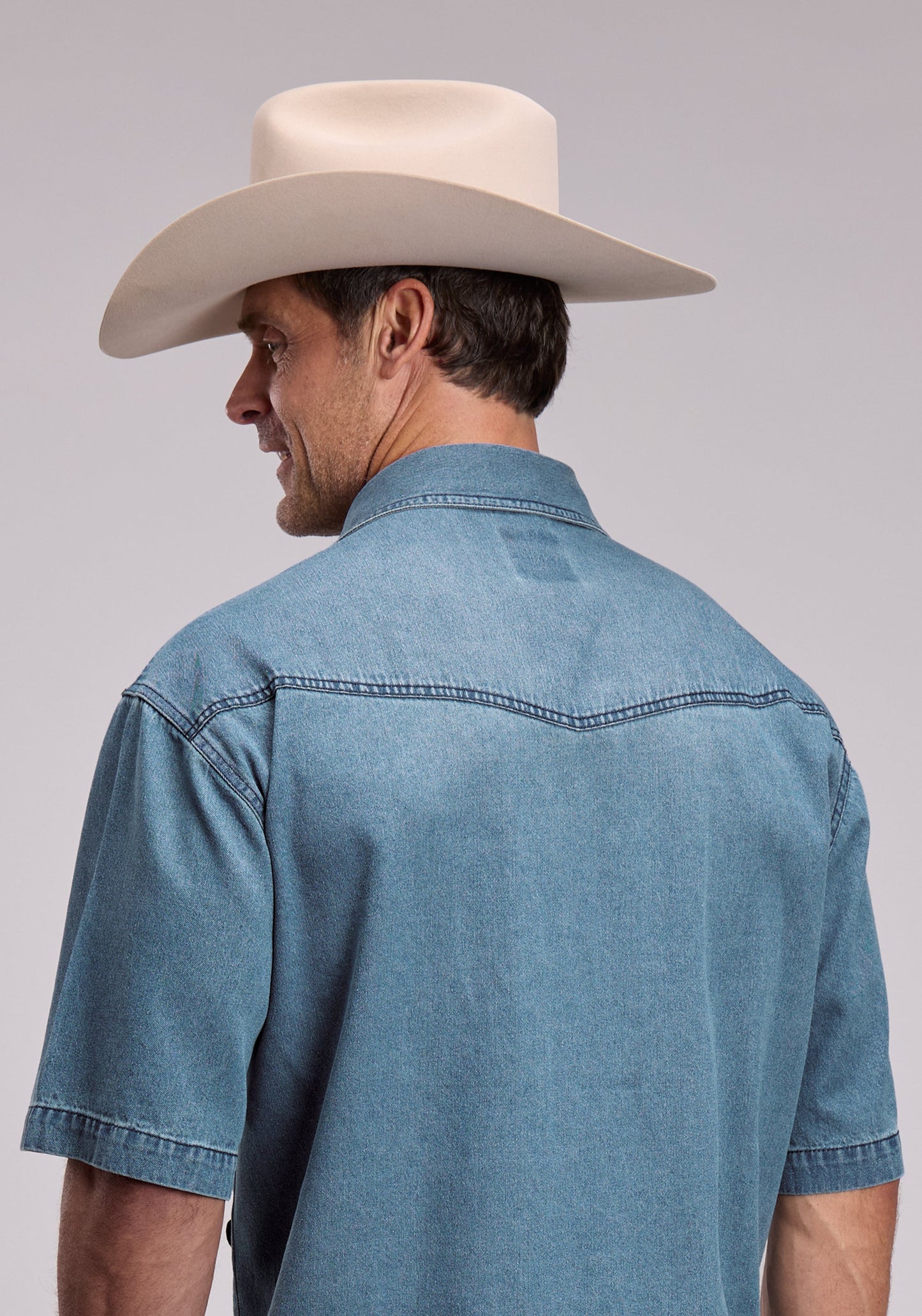 Mens Roper Medium Blue Denim Short Sleeve Snap Shirt