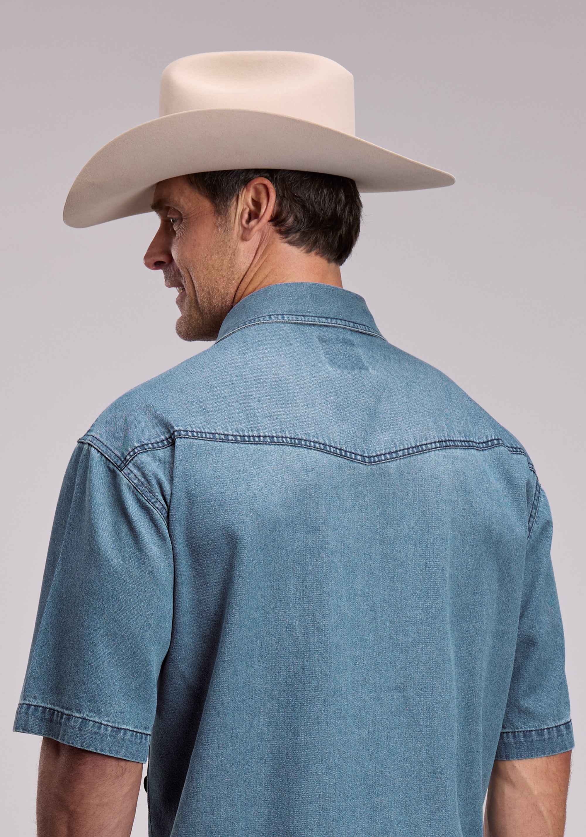 Mens Roper Medium Blue Denim Short Sleeve Snap Shirt