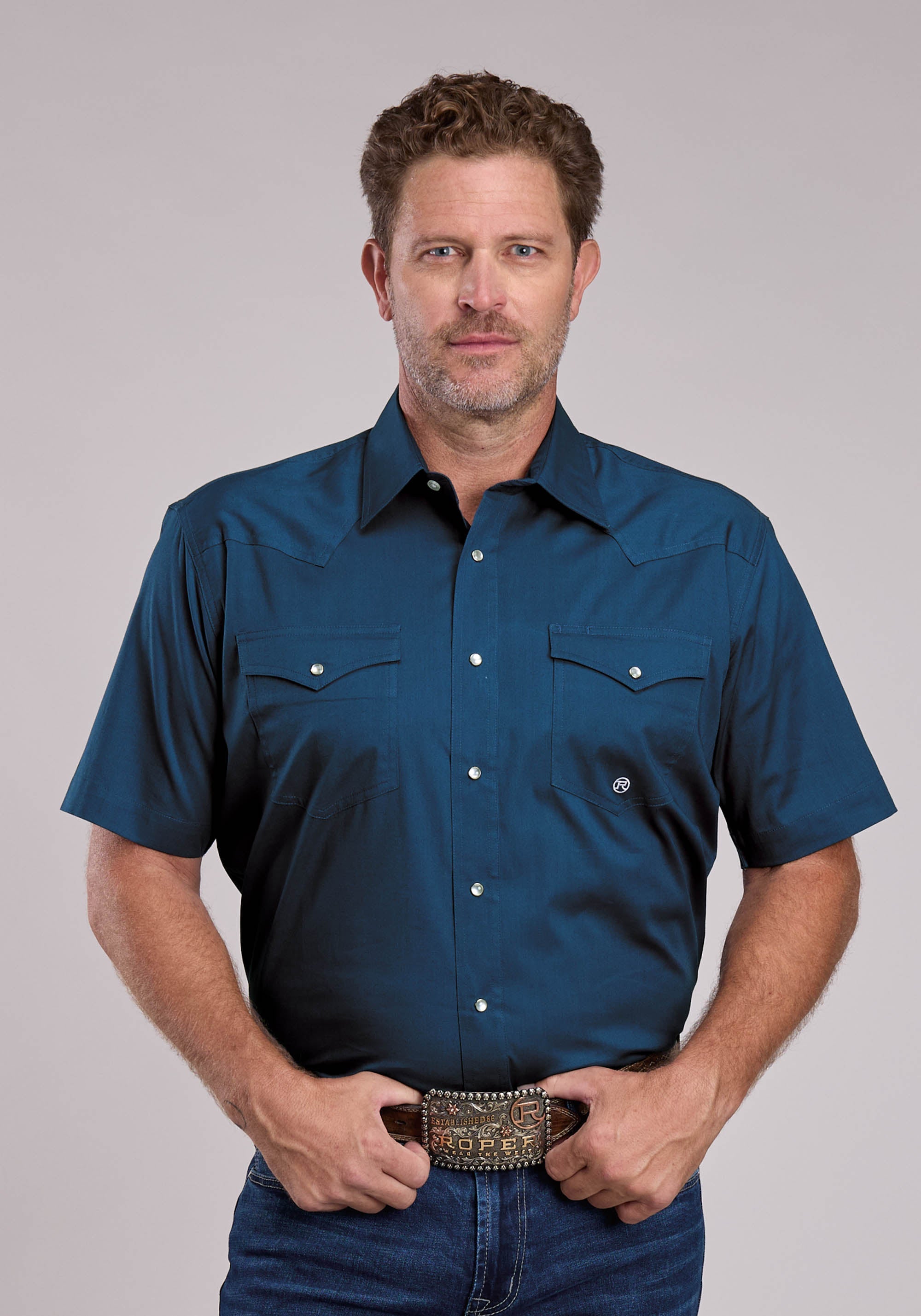 Mens Roper Solid Stretch Navy Short Sleeve Snap Shirt